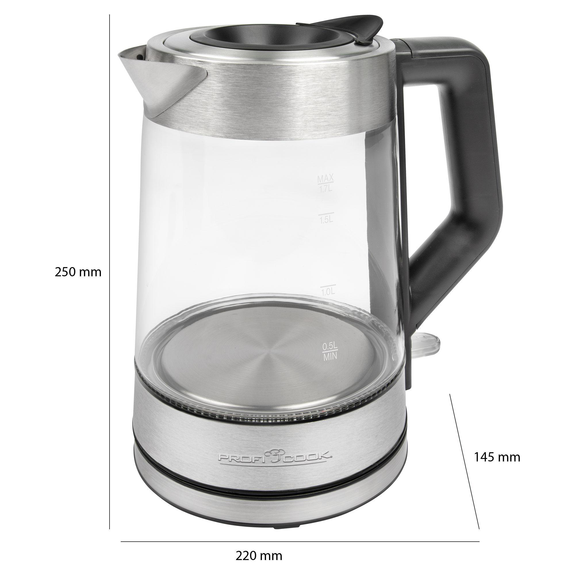 ProfiCook Glas-Elektrokessel, Abmessungen gezeigt, mit schwarzem Griff und Oberteil.