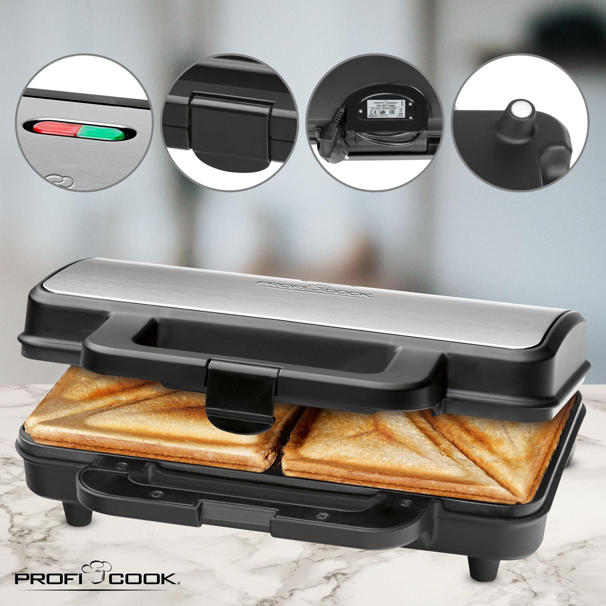 Sandwichmaker mit zwei Sandwiches und Nahaufnahmen von Details.