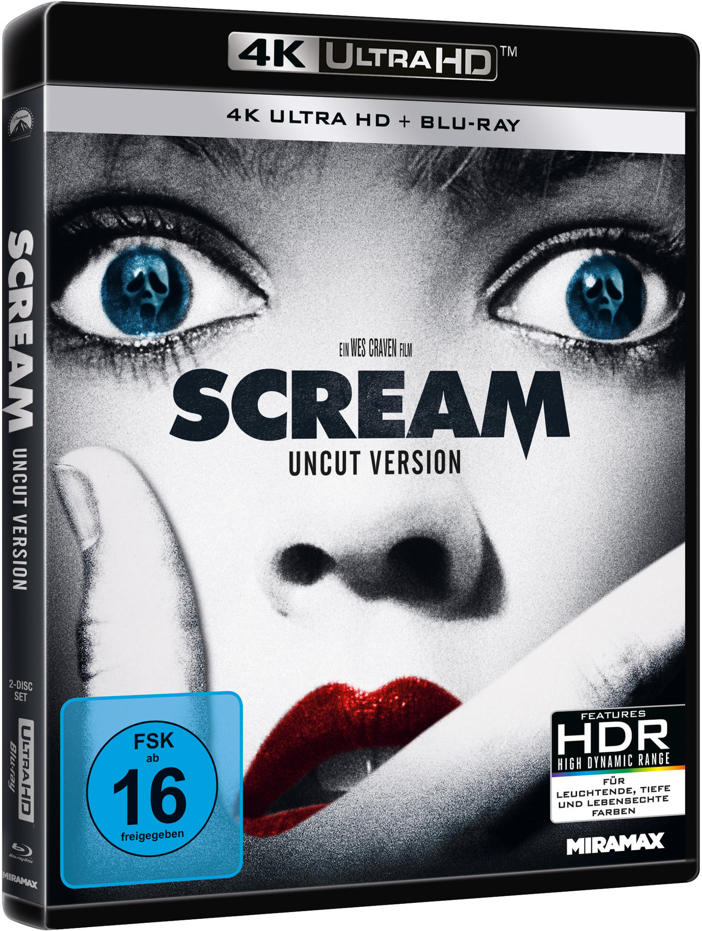 Eine DVD-Hülle mit dem Film 'Scream', Nahaufnahme eines Gesichts und Text auf Deutsch.