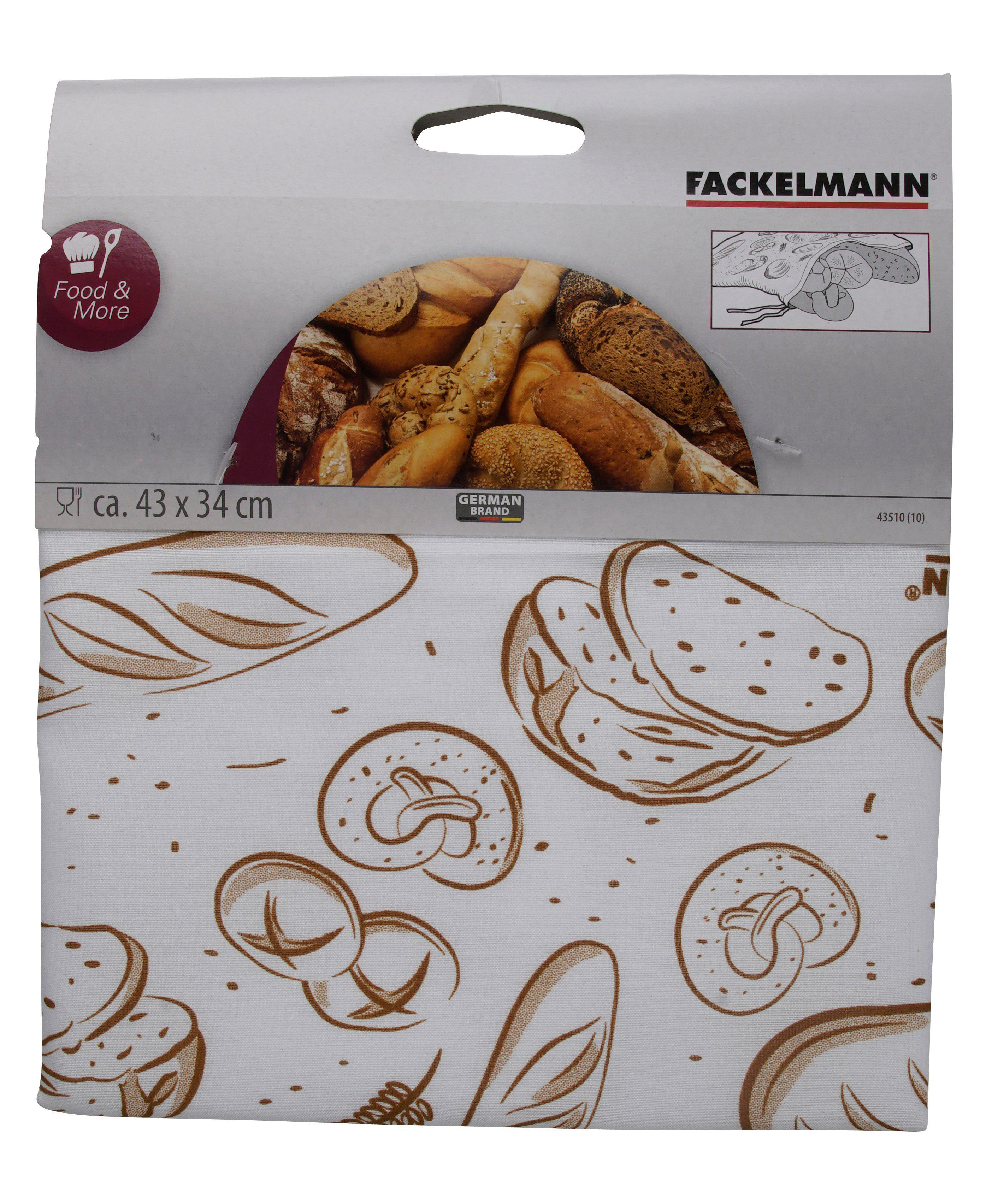 Ein weißer Stoff mit Brotillustrationen, verpackt und mit Markennamen versehen.