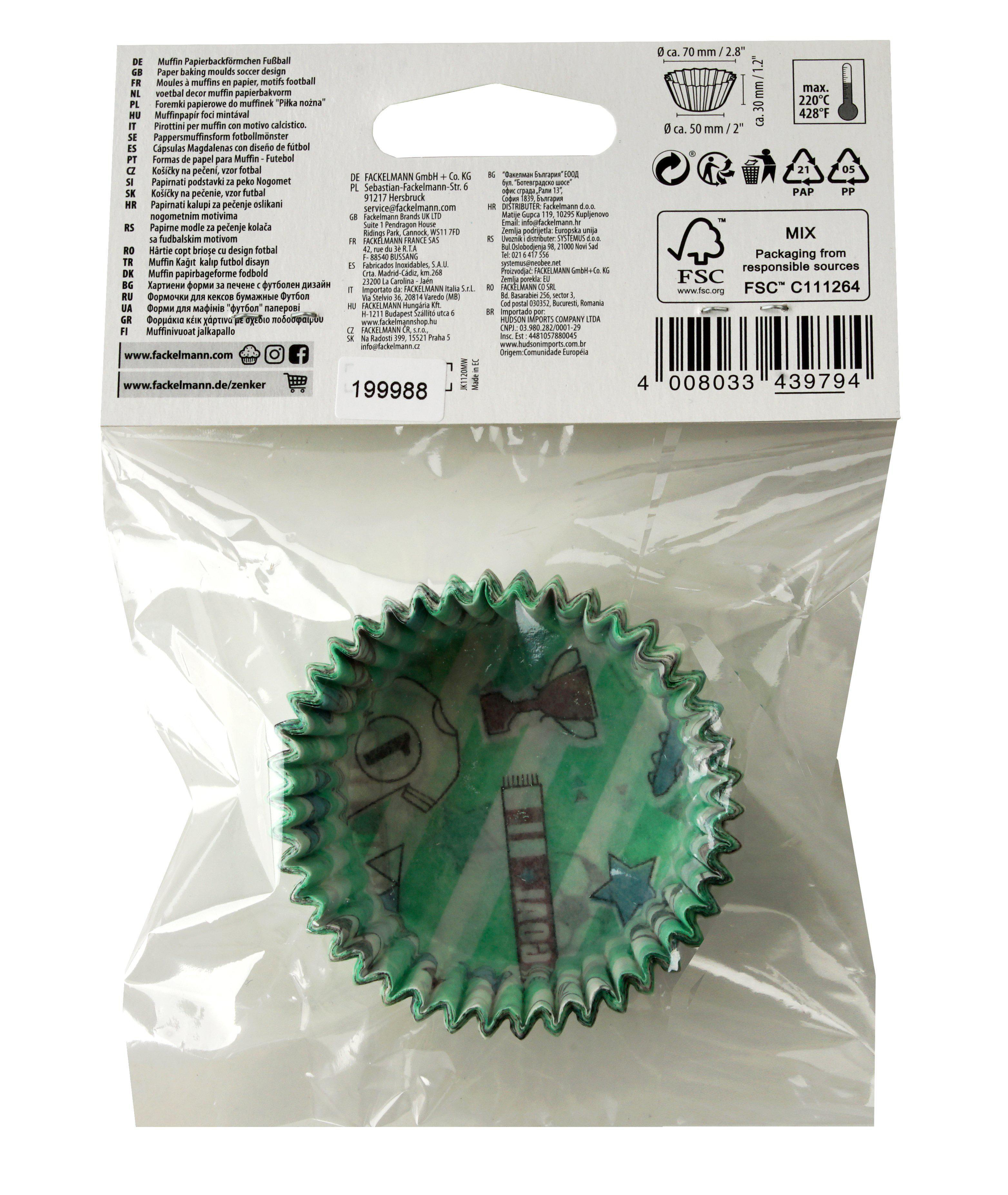 Eine Packung grüner Cupcake-Formen mit gedruckten Bildern, versiegelt mit einer transparenten Tüte.