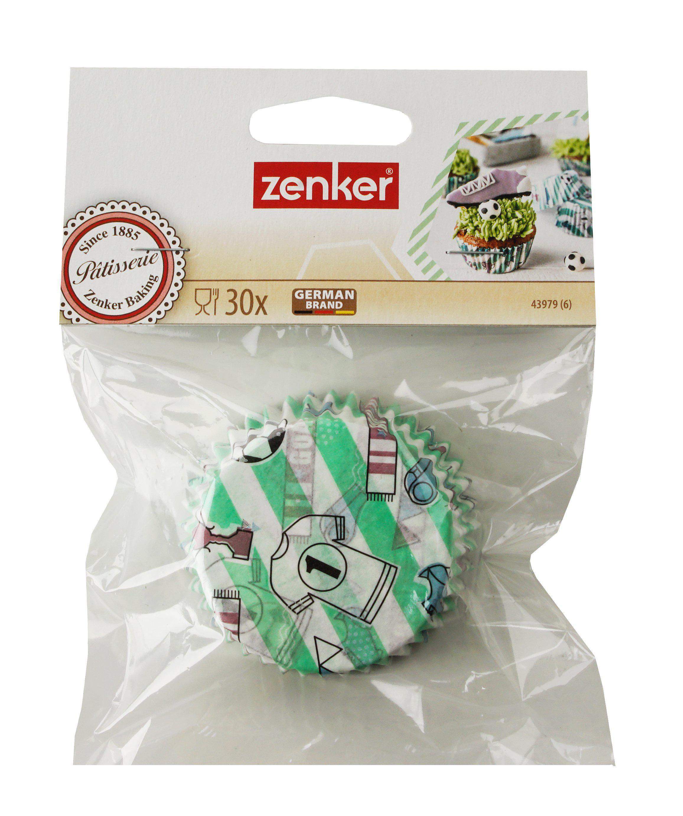 Eine Packung Cupcake-Formen mit einem grün-weiß karierten Muster. Die Verpackung ist durchsichtig.