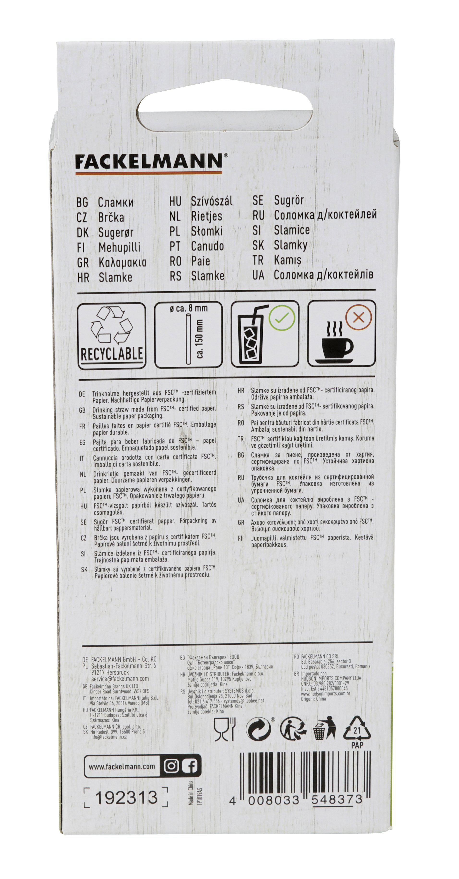 Rückseite einer Fackelmann-Verpackung mit Text in mehreren Sprachen und Recycling-Symbolen.