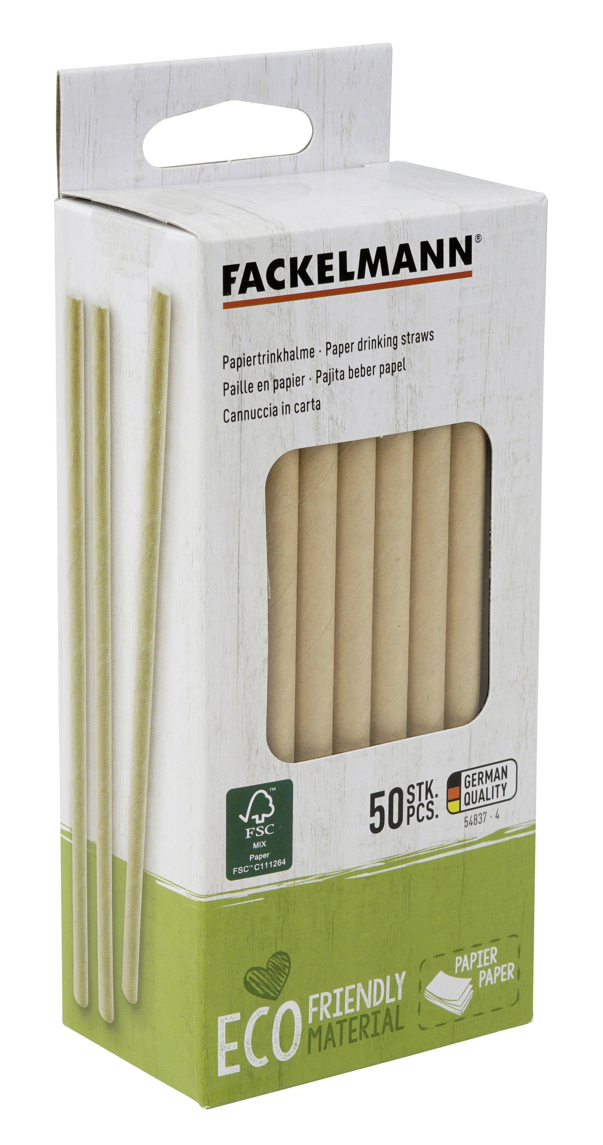 Eine Schachtel mit Papier-Trinkhalmen, beschriftet mit 'Fackelmann' und 'Eco Friendly Material'.