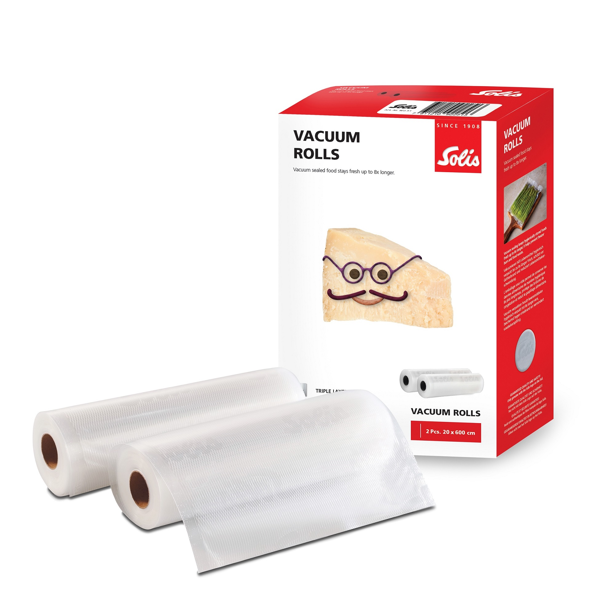 Vacuum roll packaging with rolls, cheese illustration, and text.