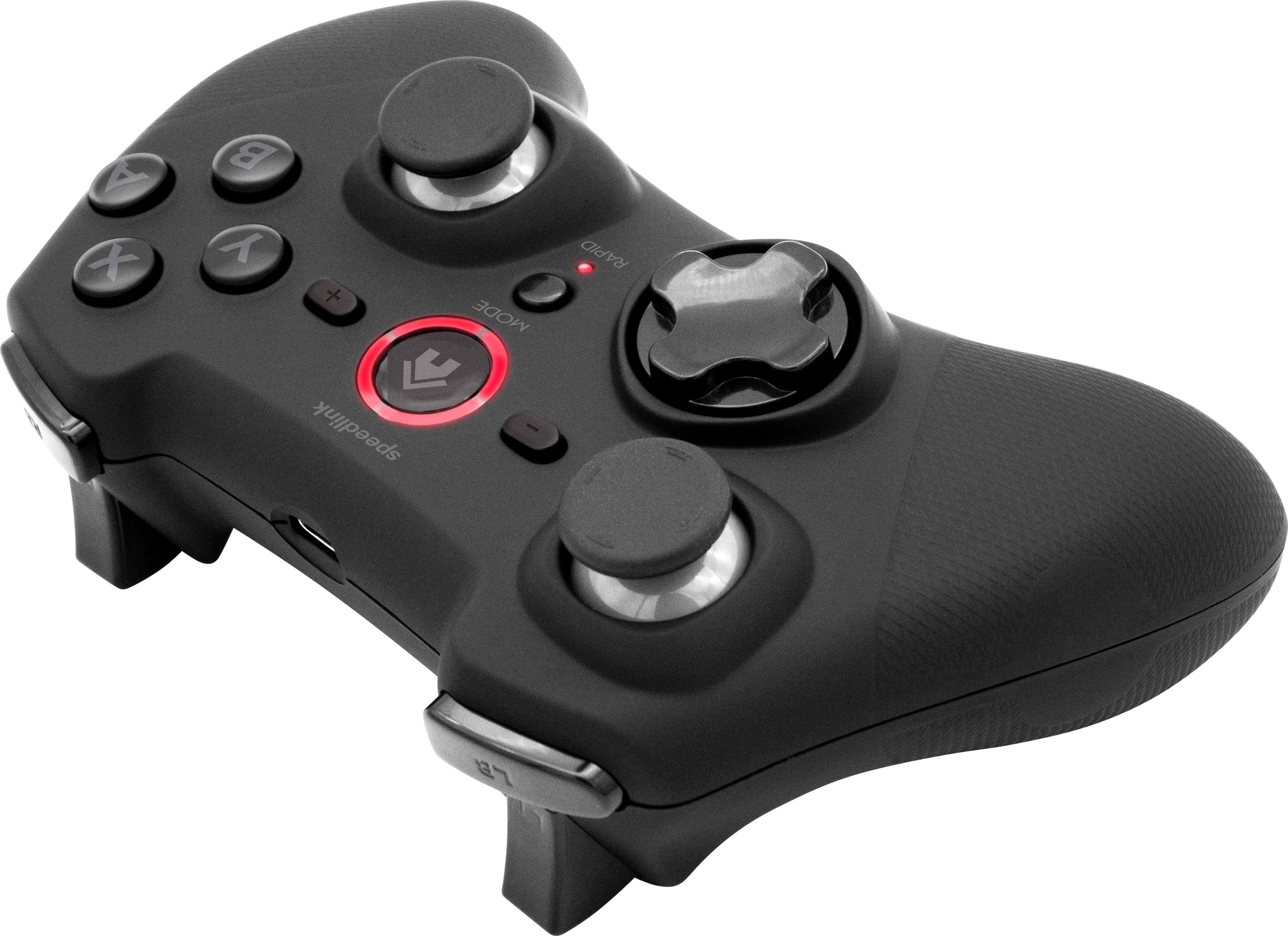 Controller di gioco nero con luce rossa attorno al pulsante centrale. I pulsanti includono A, B, X e Y.