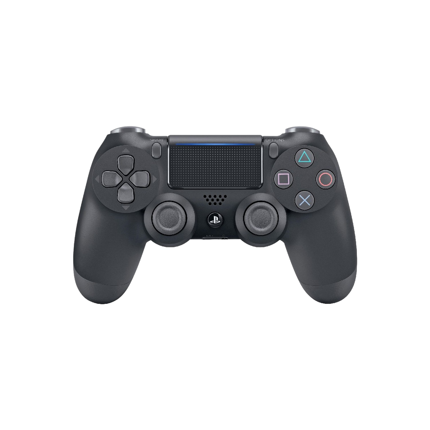 Un mando negro de Playstation 4. El fondo es negro. Los botones son de colores.