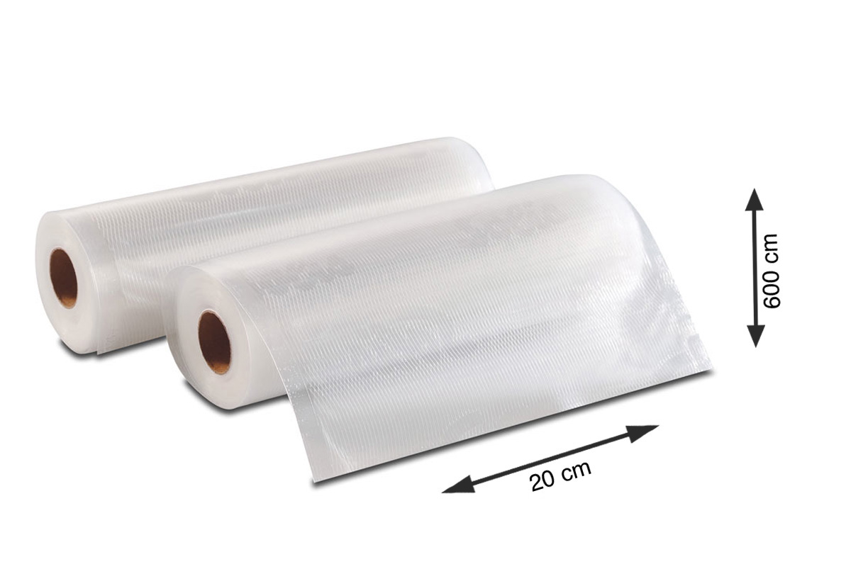 Two rolls of clear plastic packaging film with measurements of 20cm x 600cm. White background.