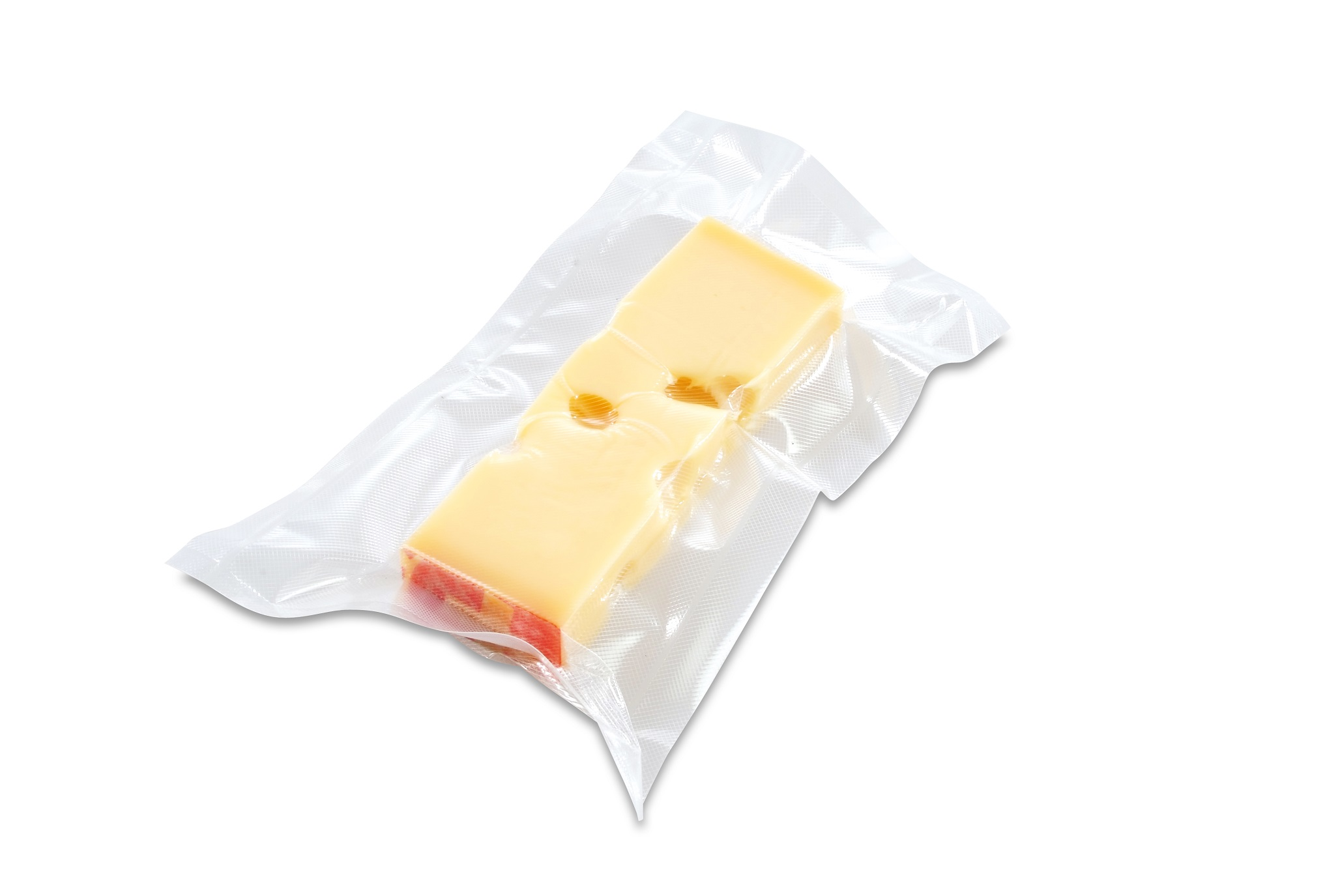 Cheese slices in a vacuum-sealed package. A yellow cheese with holes, red edges.