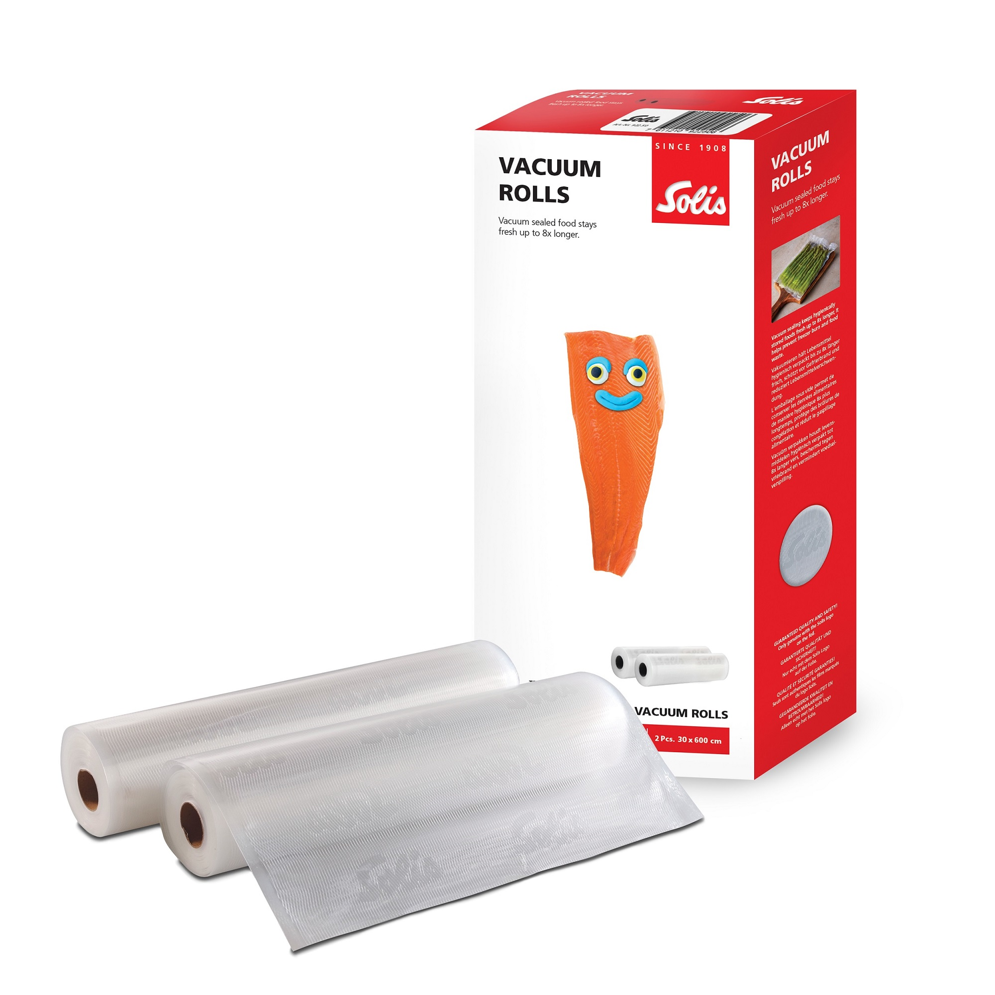 Vacuum rolls packaging. A box with two rolls of clear plastic and a picture of salmon.