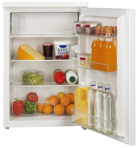 Open refrigerator with food items inside: cheese, juice, vegetables.