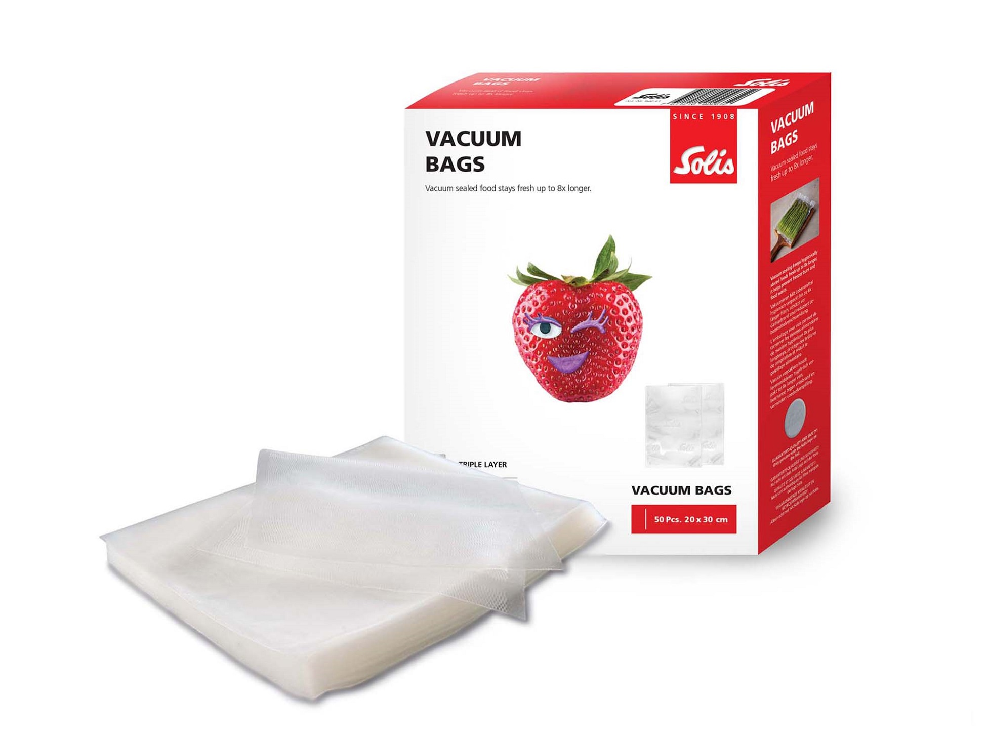 Vacuümzakken met een aardbeienkarakter, met een witte achtergrond.