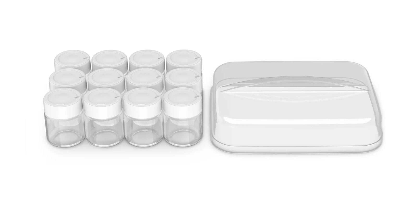 Un ensemble de bocaux avec des couvercles blancs et un récipient en plastique transparent sur une surface blanche.