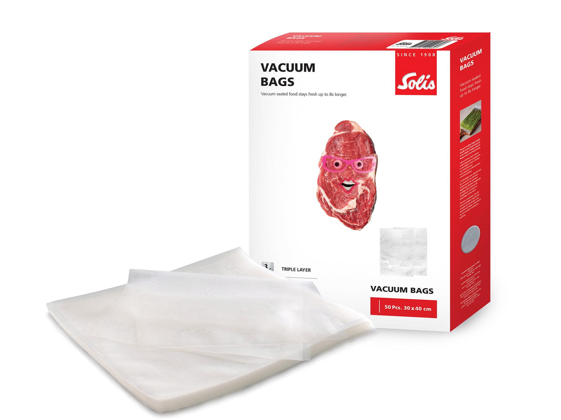 Doos met vacuümzakken met een stuk vlees met een roze bril.