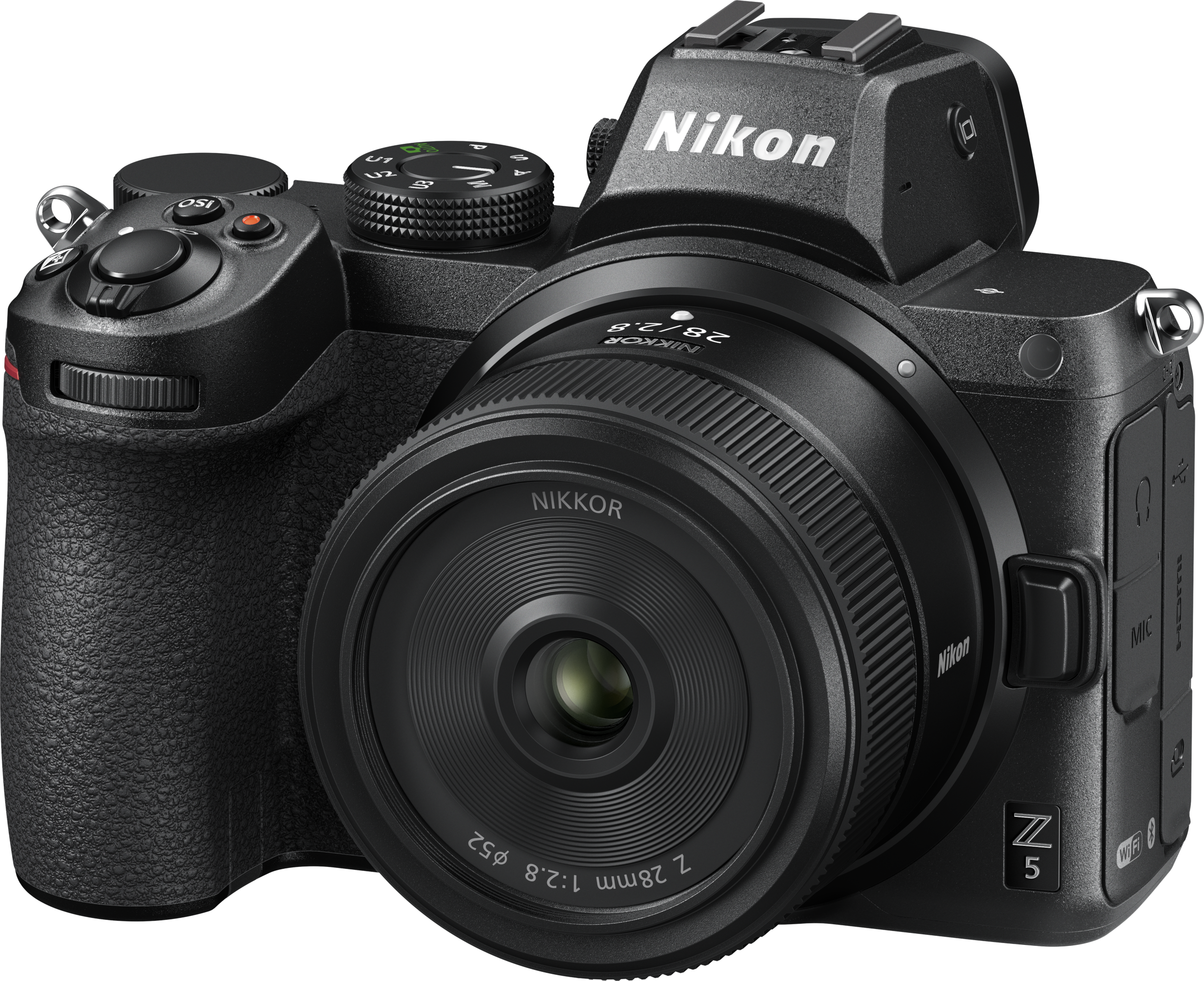 Schwarze Nikon Z5 Kamera mit Objektiv, schräge Ansicht.