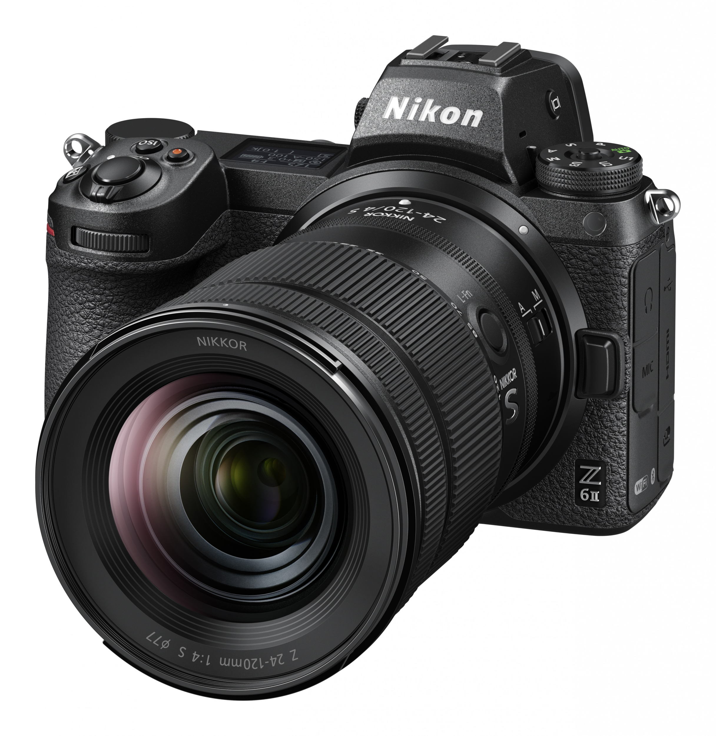 Eine schwarze Nikon Z 6II Kamera mit Objektiv, nach rechts geneigt.