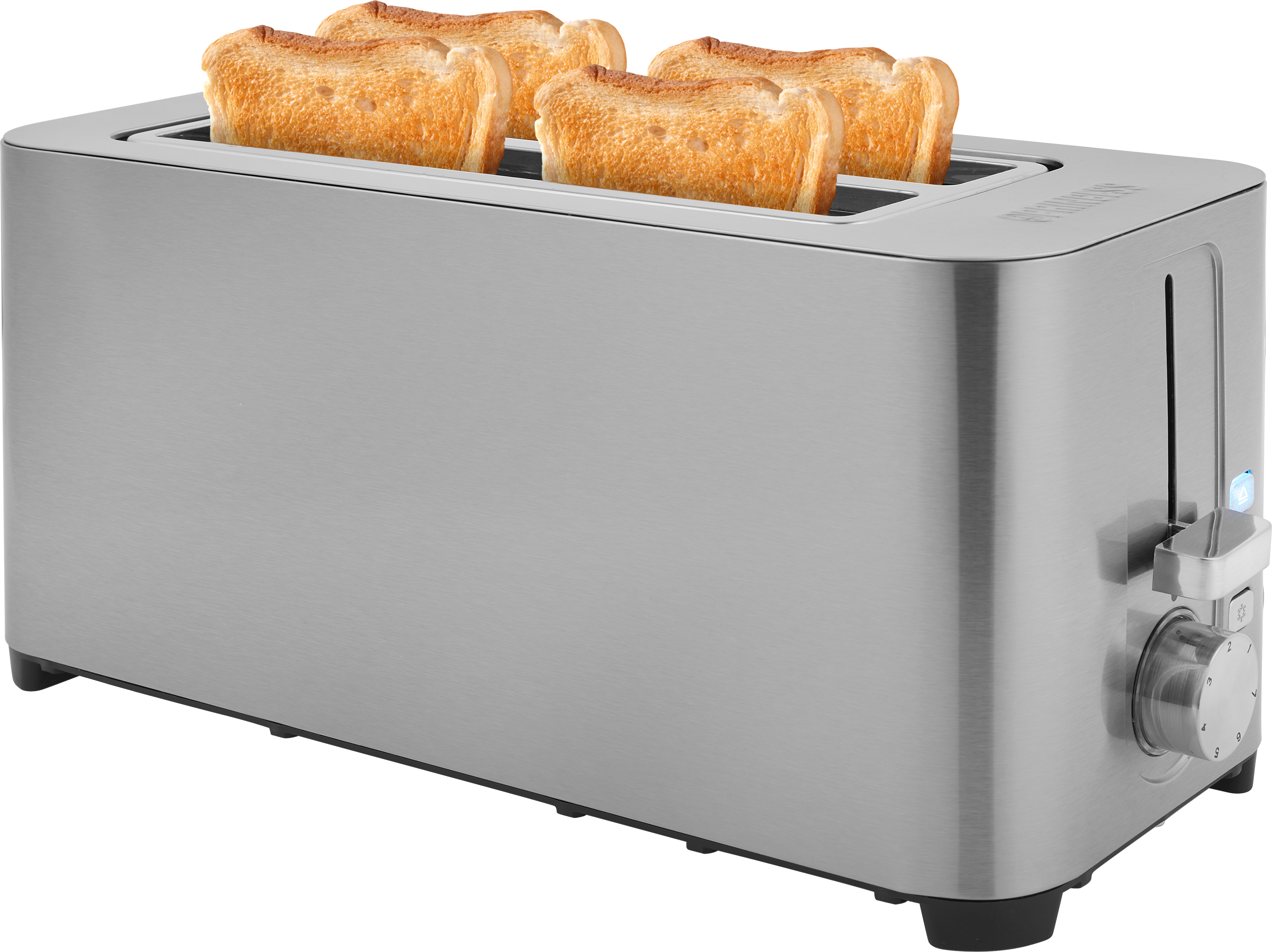 Zilveren broodrooster met vier sneetjes toast. Zwarte basis, bedieningsknop en knoppen zichtbaar.