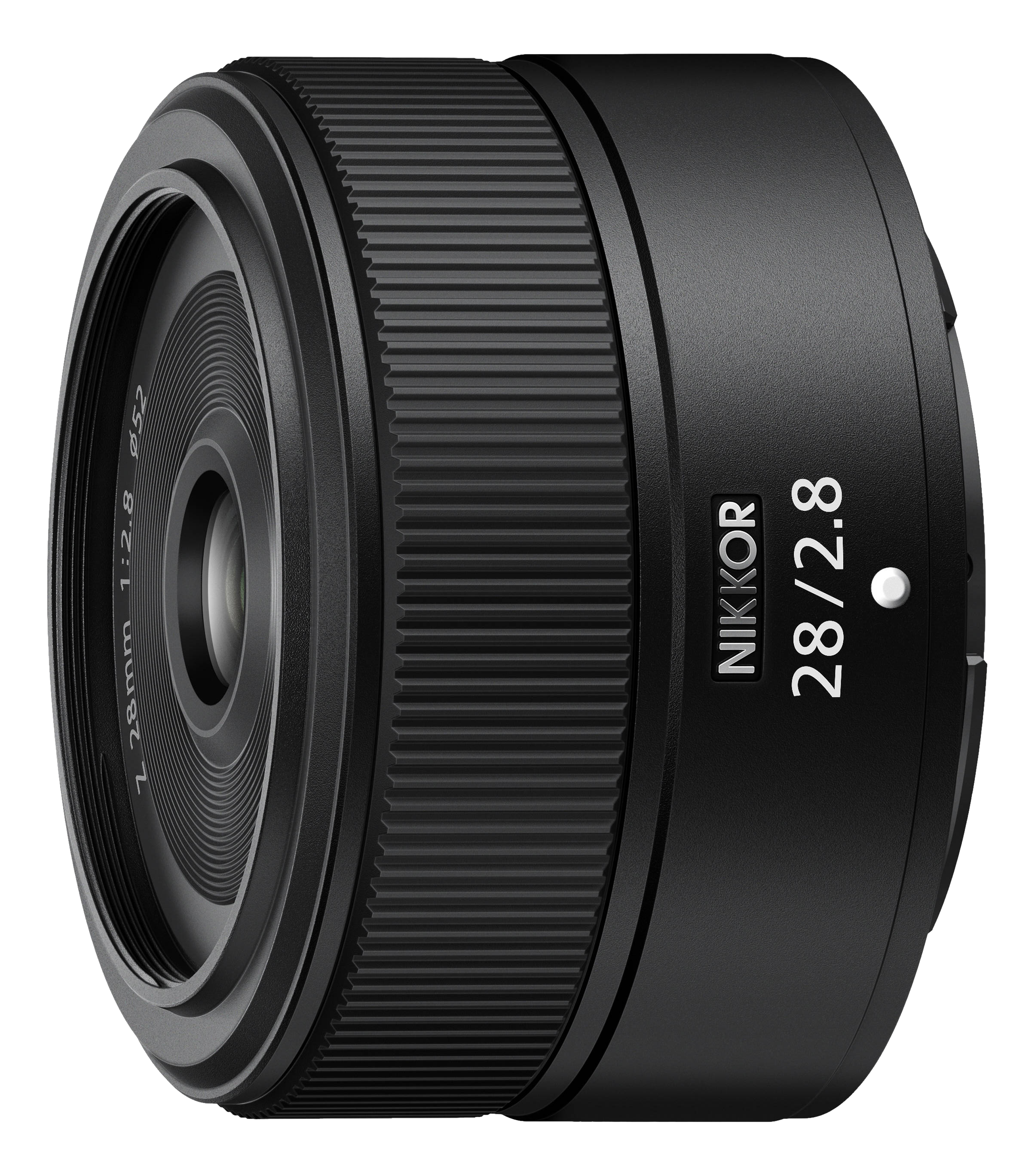 Ein schwarzes Nikkor 28mm f/2.8 Objektiv. Das Objektiv ist zylindrisch mit Rillen für den Griff und Markennamen.