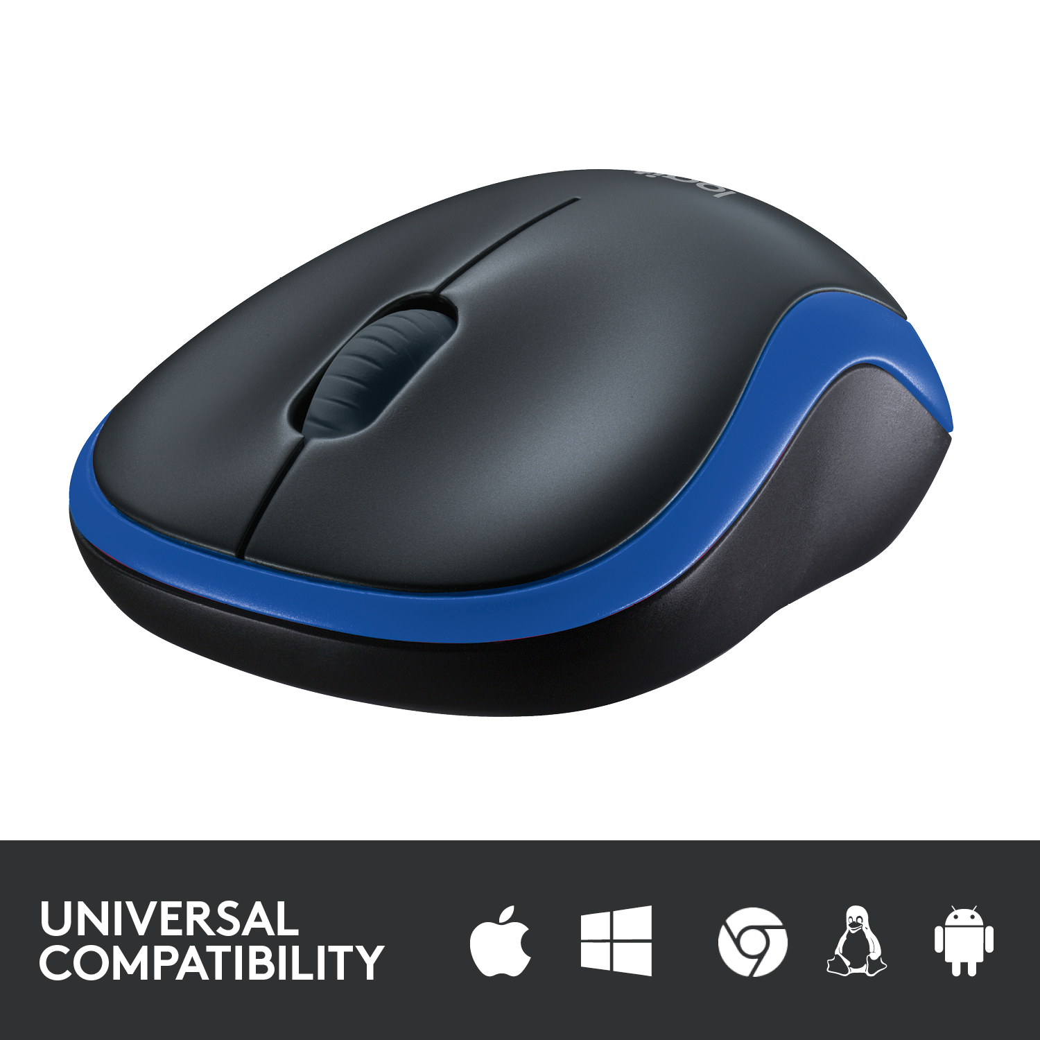 Schwarze Logitech-Maus mit blauer Seitenverkleidung und universellen Kompatibilitätssymbolen.