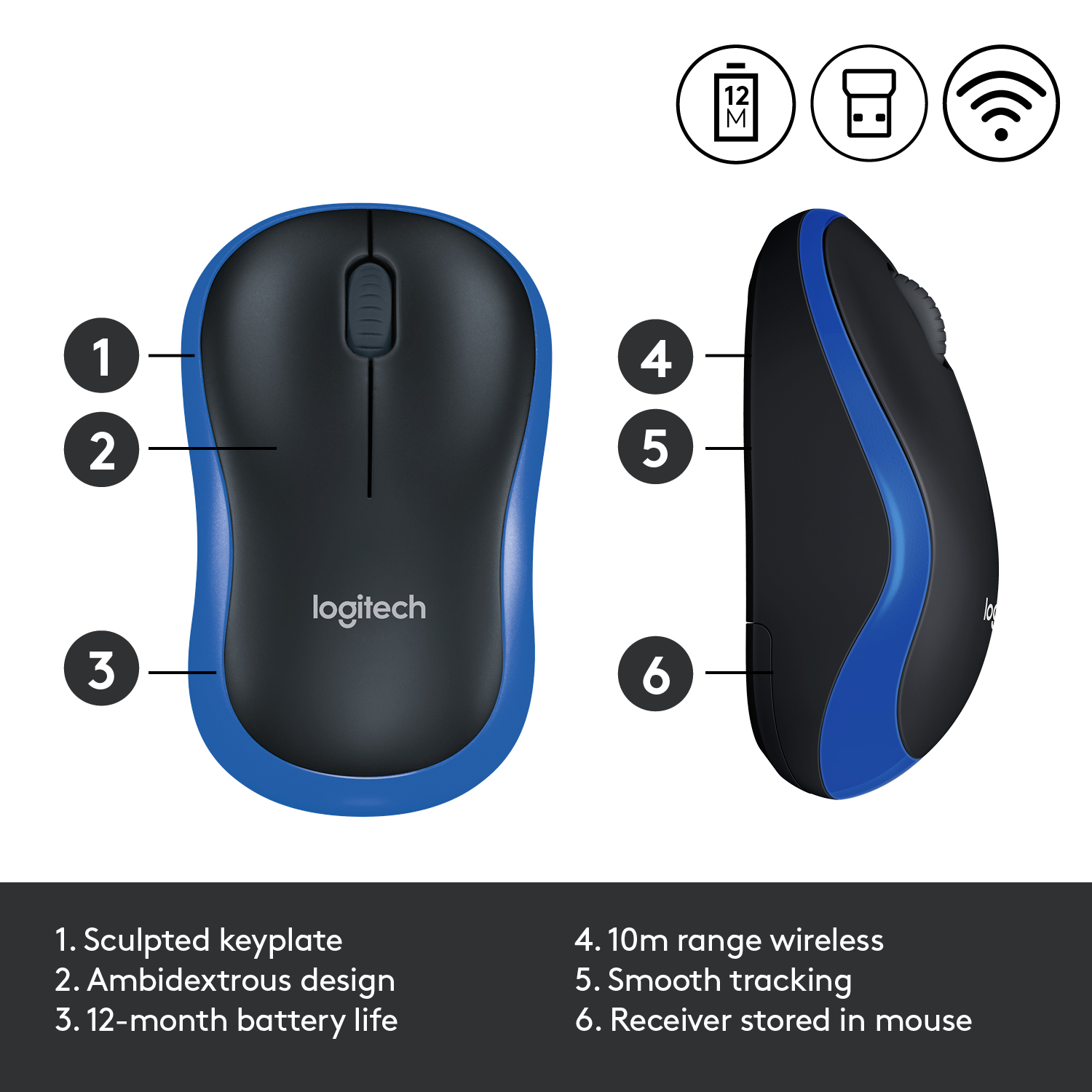 Drahtlose Logitech-Maus. Schwarz und blau mit nummerierten Funktionen. 1. Geformte Tastplatte, 2. Beidhändiges Design.
