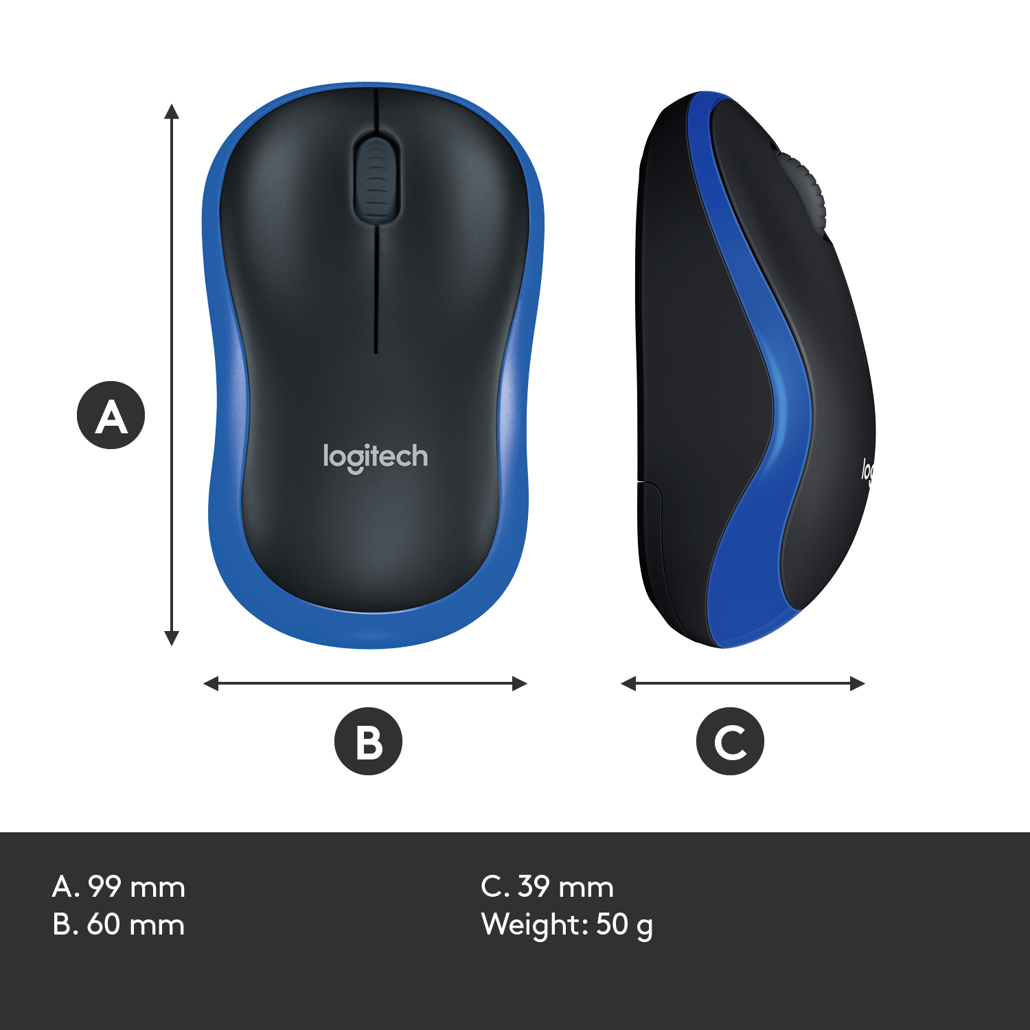 Blaue und schwarze Computermaus mit angegebenen Maßen.