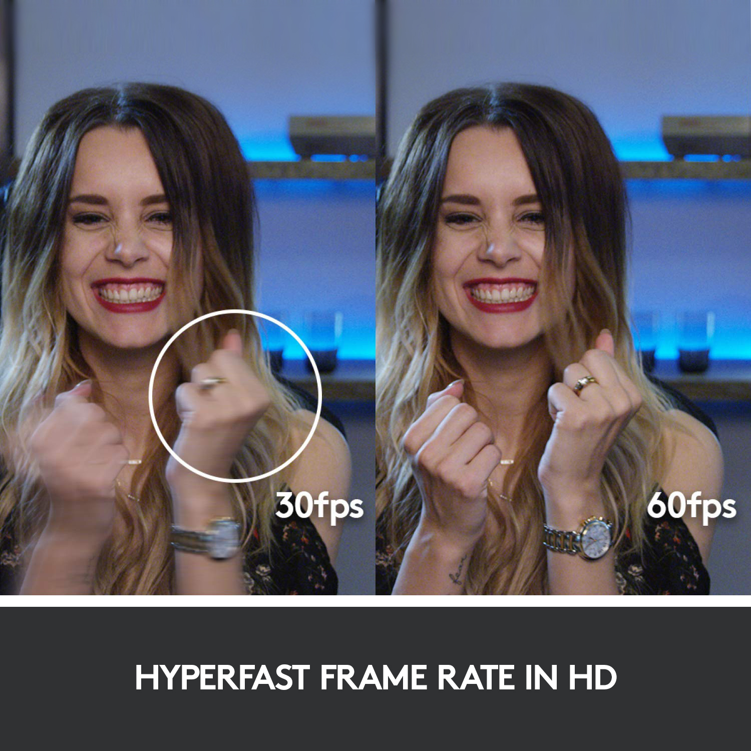 Femme souriante, deux images, une avec 30fps et une avec 60fps.