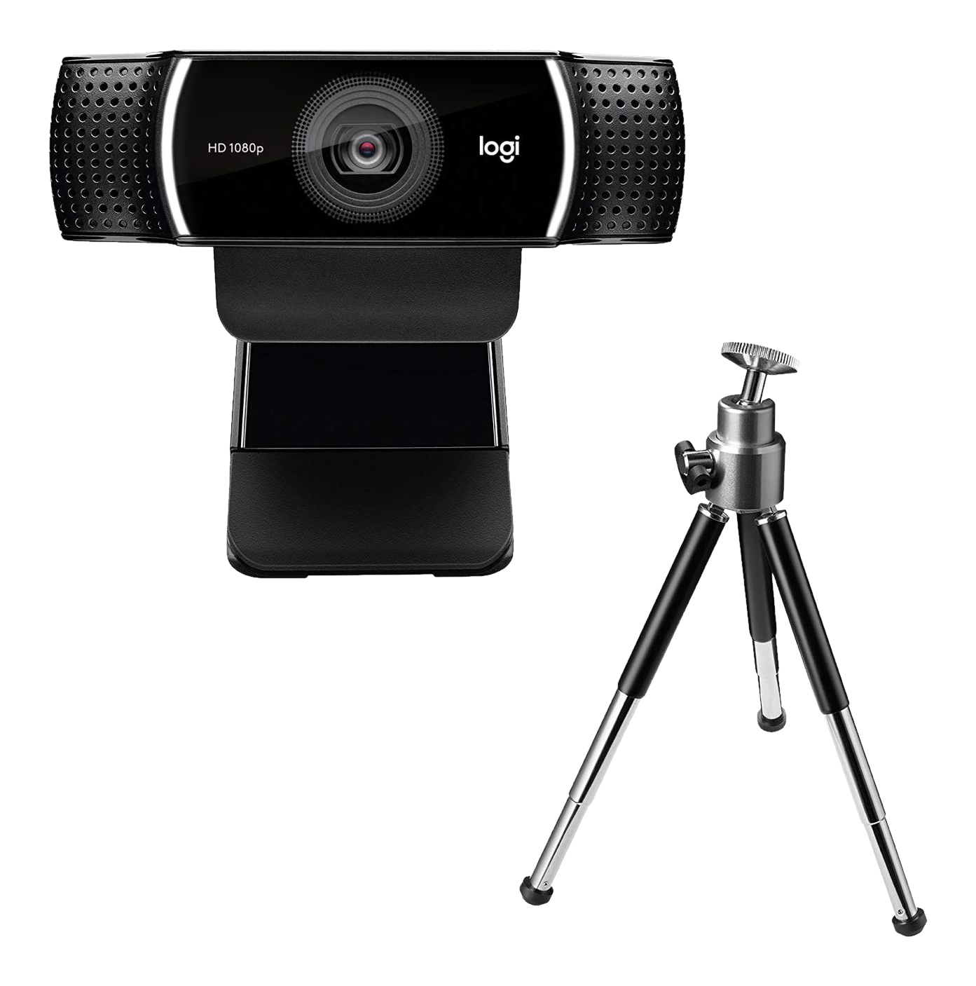 Une webcam noire et un petit trépied sur fond noir. La webcam est en HD 1080p.