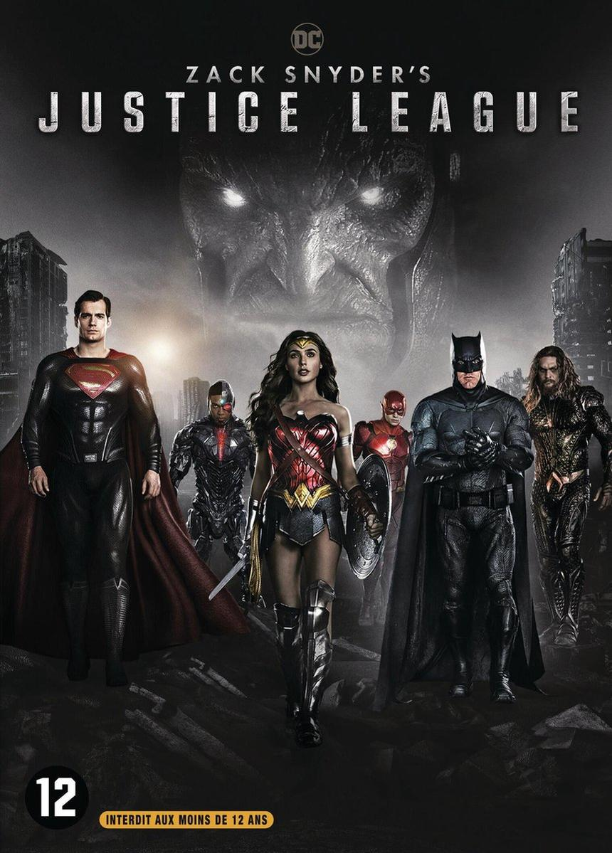 Affiche du film Justice League. Personnages: Superman, Wonder Woman, Batman et Aquaman, Darkseid en arrière-plan.