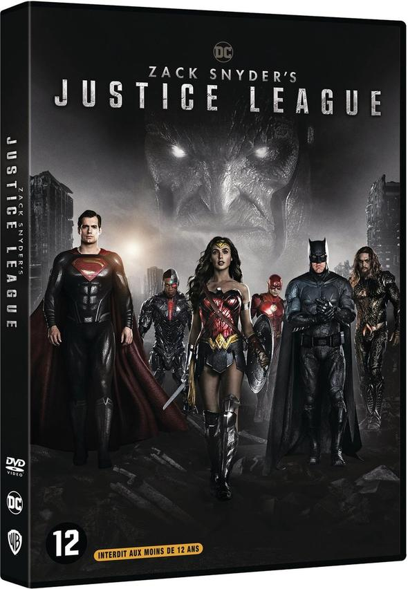 Boîtier DVD pour Justice League de Zack Snyder, avec les personnages principaux et un fond sombre.