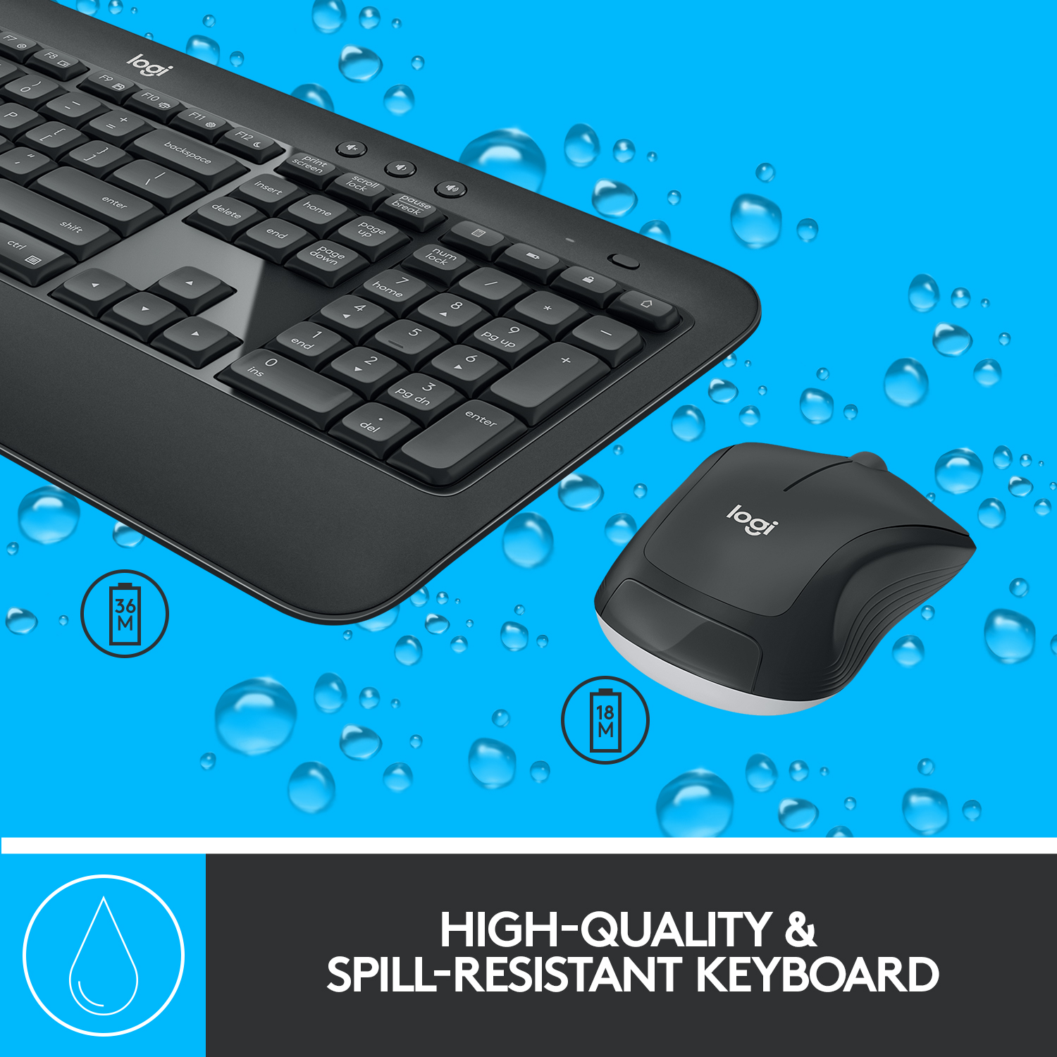 Schwarze Logitech-Tastatur und -Maus mit Wassertropfen. Text: Hochwertig & auslaufsicher.