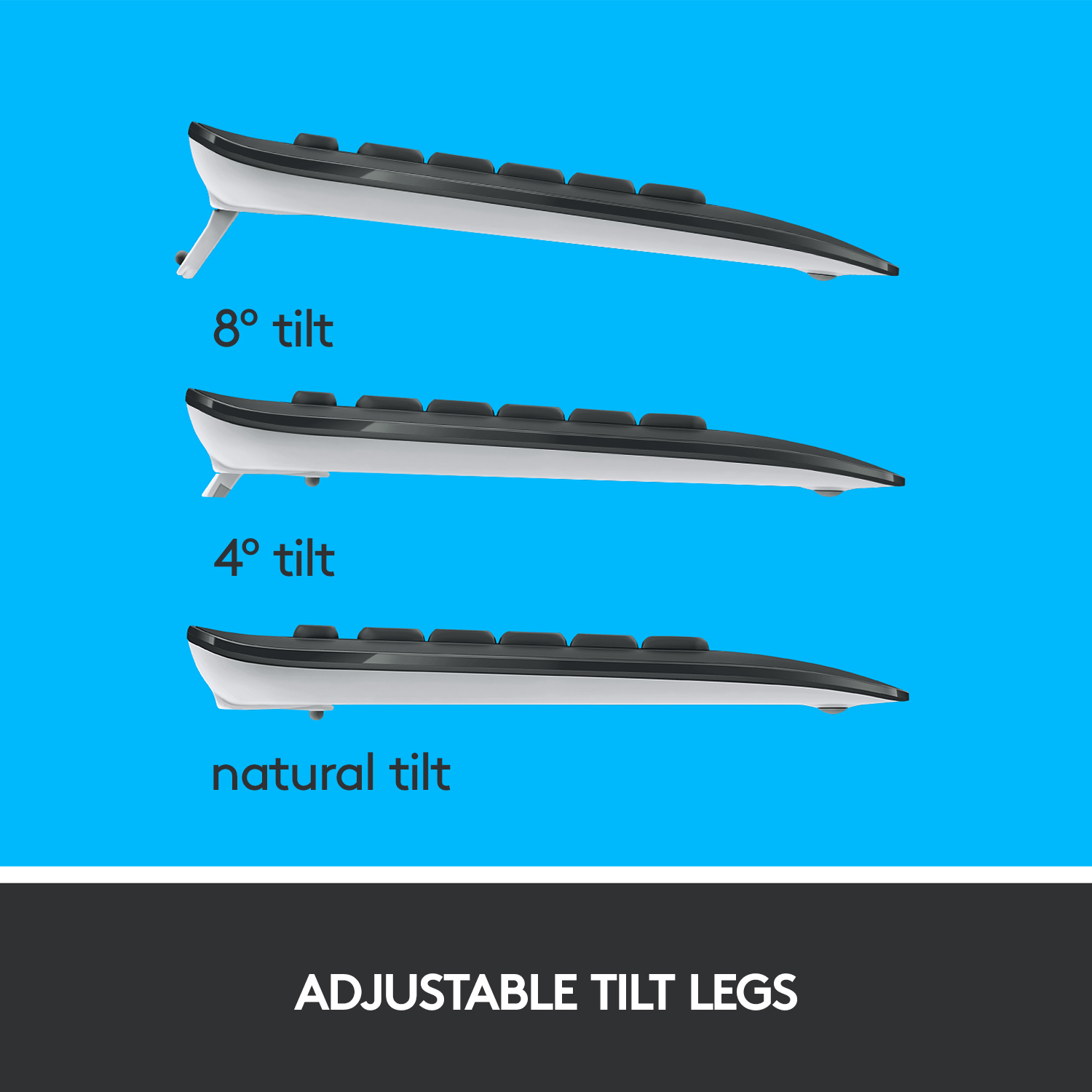 Drei Tastaturen mit unterschiedlicher Neigung: 8°, 4° und natürlich. Einstellbare Neigefüße beschriftet.