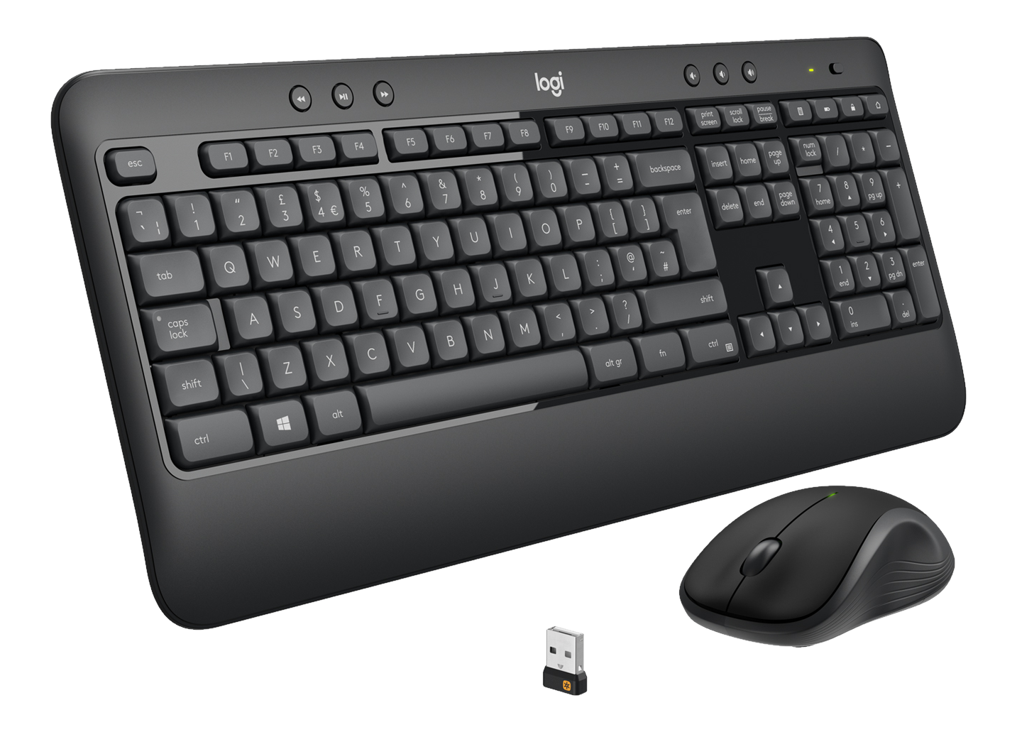 Schwarze Tastatur, Maus und USB-Empfänger auf weißem Hintergrund, alles von Logitech.