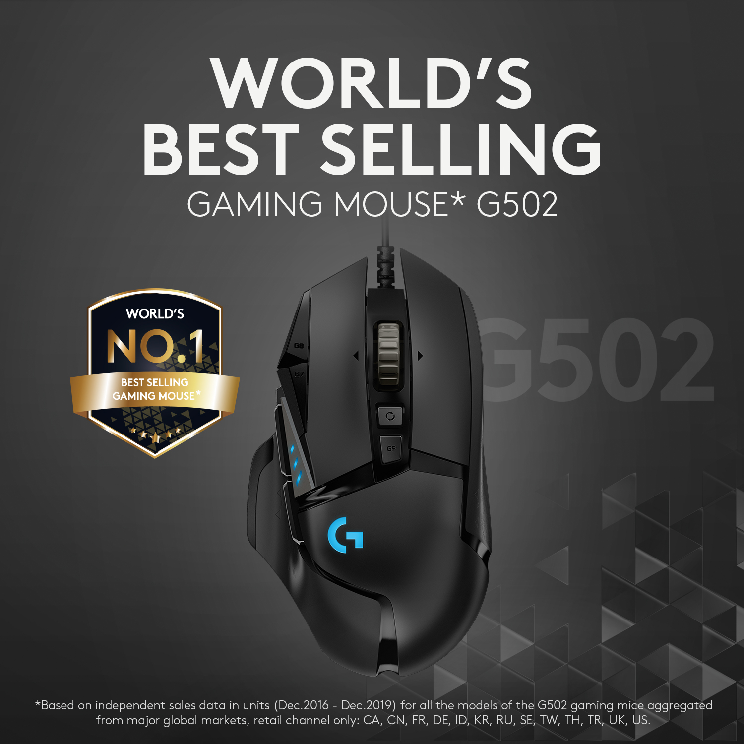 Schwarze Gaming-Maus G502 mit Text: „WELTWEIT MEISTVERKAUFTE GAMING-MAUS“.