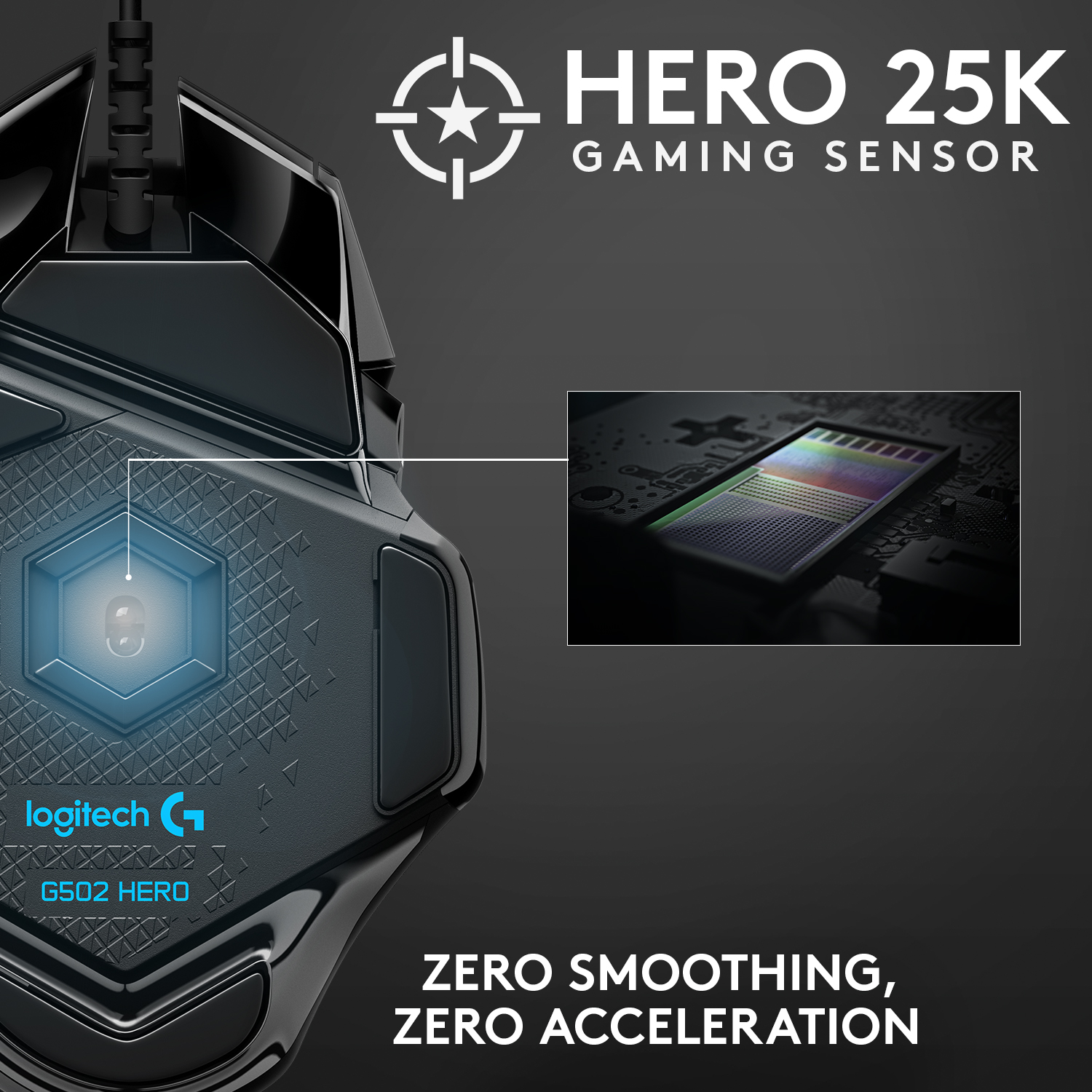 Eine schwarze Logitech G502 Hero Gaming-Maus mit Details zum Sensor und Logo auf dunkler Oberfläche.