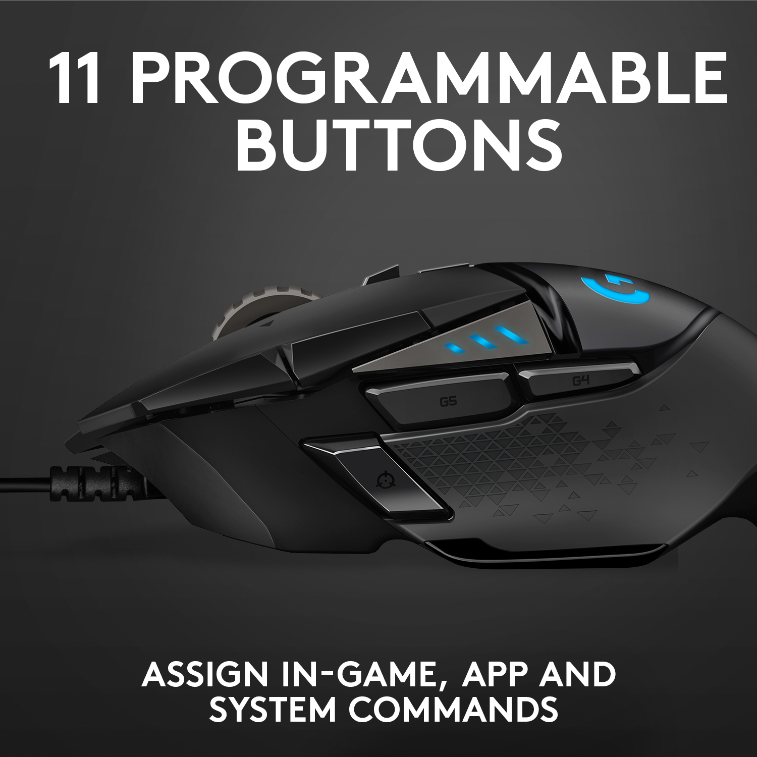 Eine schwarze Gaming-Maus mit 11 programmierbaren Tasten. Der Text "11 programmierbare Tasten" steht oben.