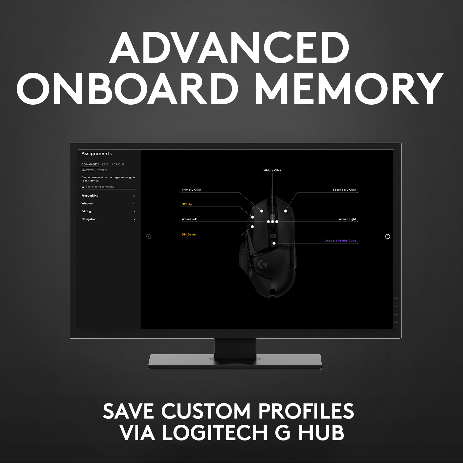 Ein Computermonitor, der eine Logitech G Hub-Oberfläche mit Text zeigt.