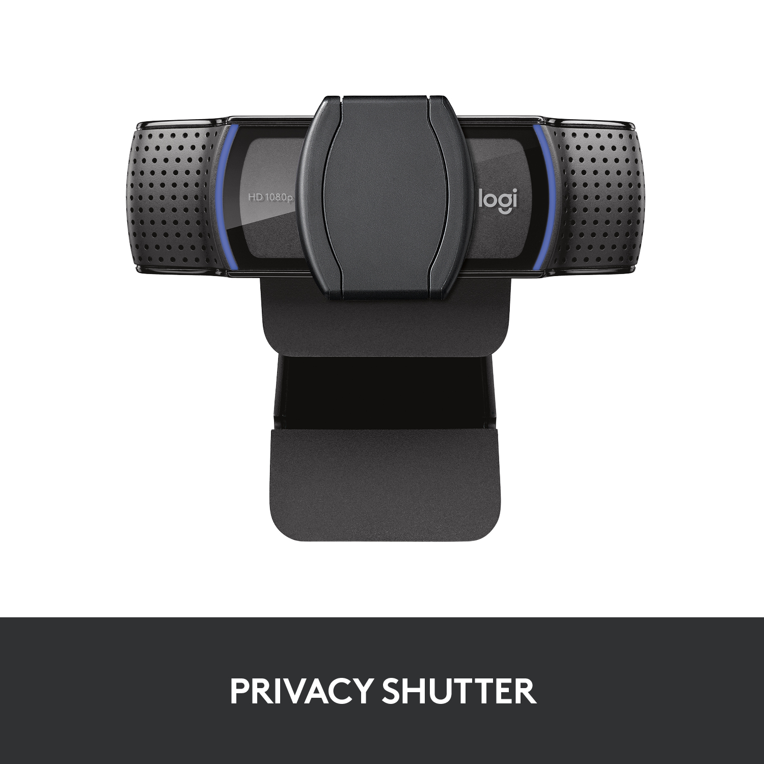 Webcam noire avec obturateur de confidentialité. Fond blanc.