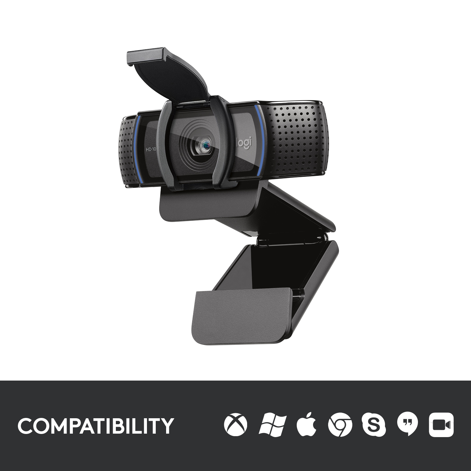 Webcam noire avec support, accents bleus et logo de la marque. Icônes de compatibilité en bas.
