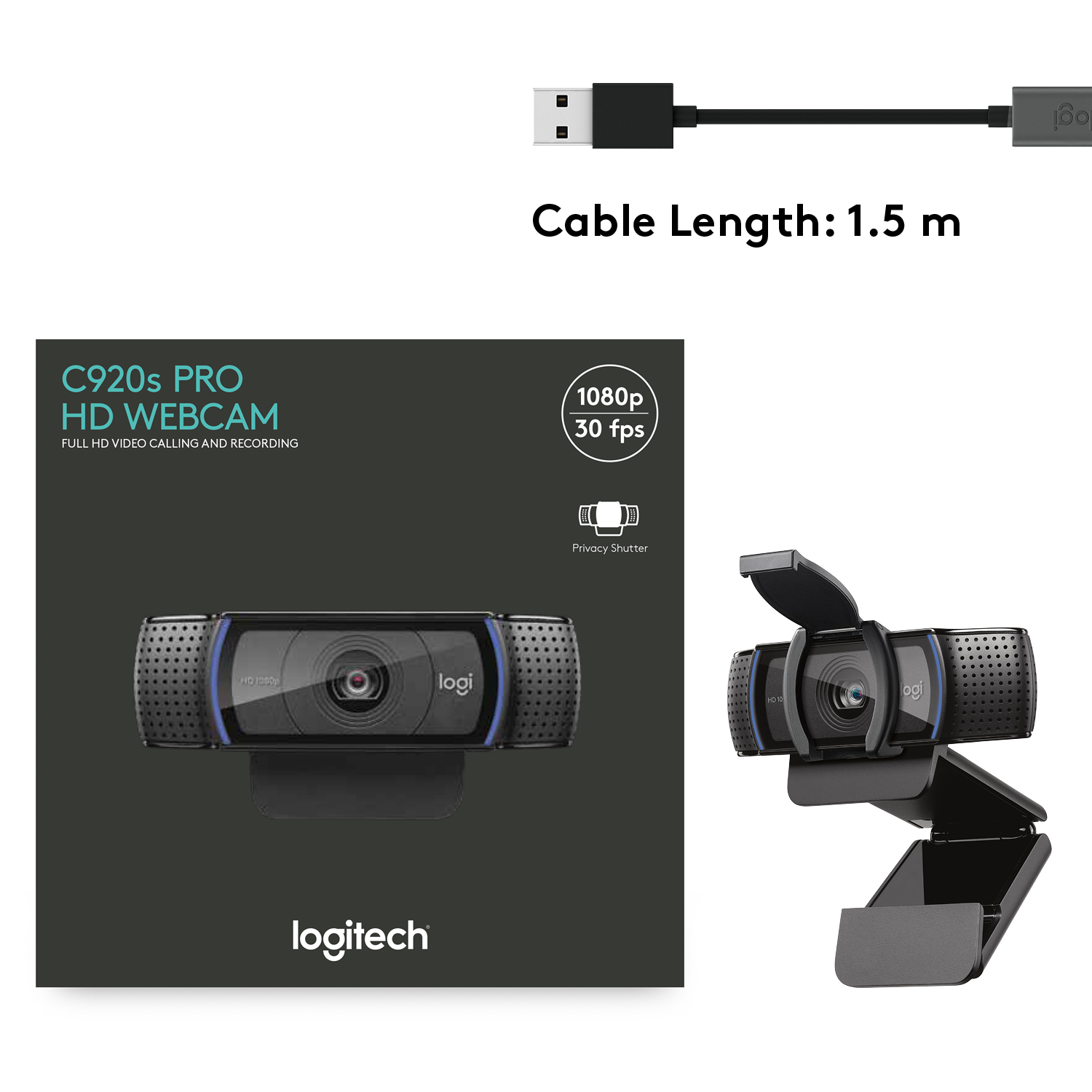 Webcam Logitech C920s Pro HD avec câble et boîte. Couleur noire. Montrant les pièces.