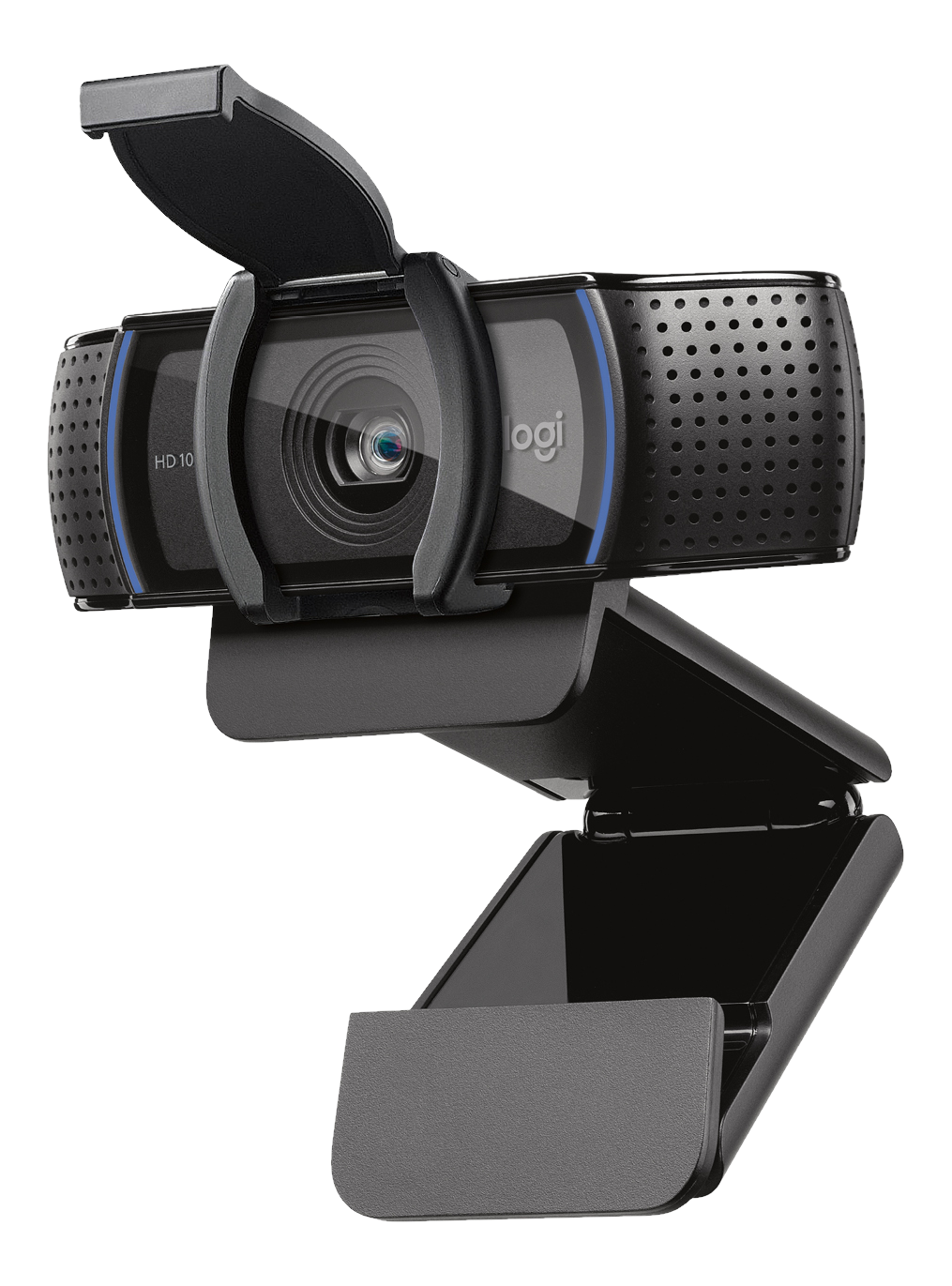 Une webcam Logitech noire avec un support et un fond noir.