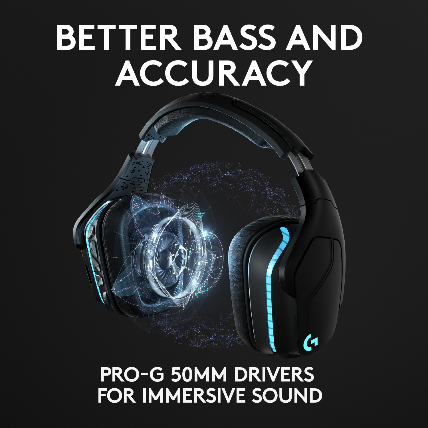 Casque de jeu noir avec lumières bleues et texte.