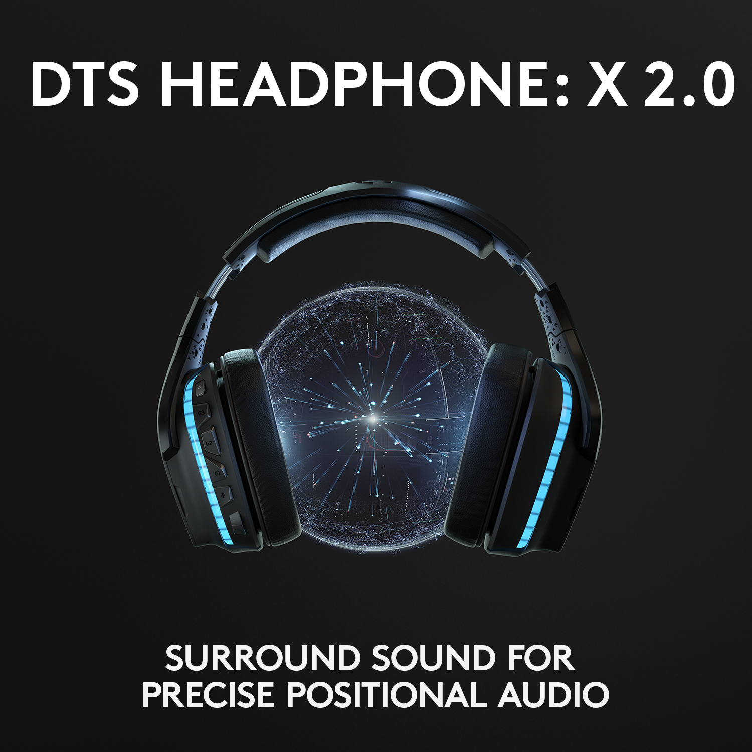 Casque noir avec lumières bleues et un globe brillant. Texte: DTS HEADPHONE: X 2.0.
