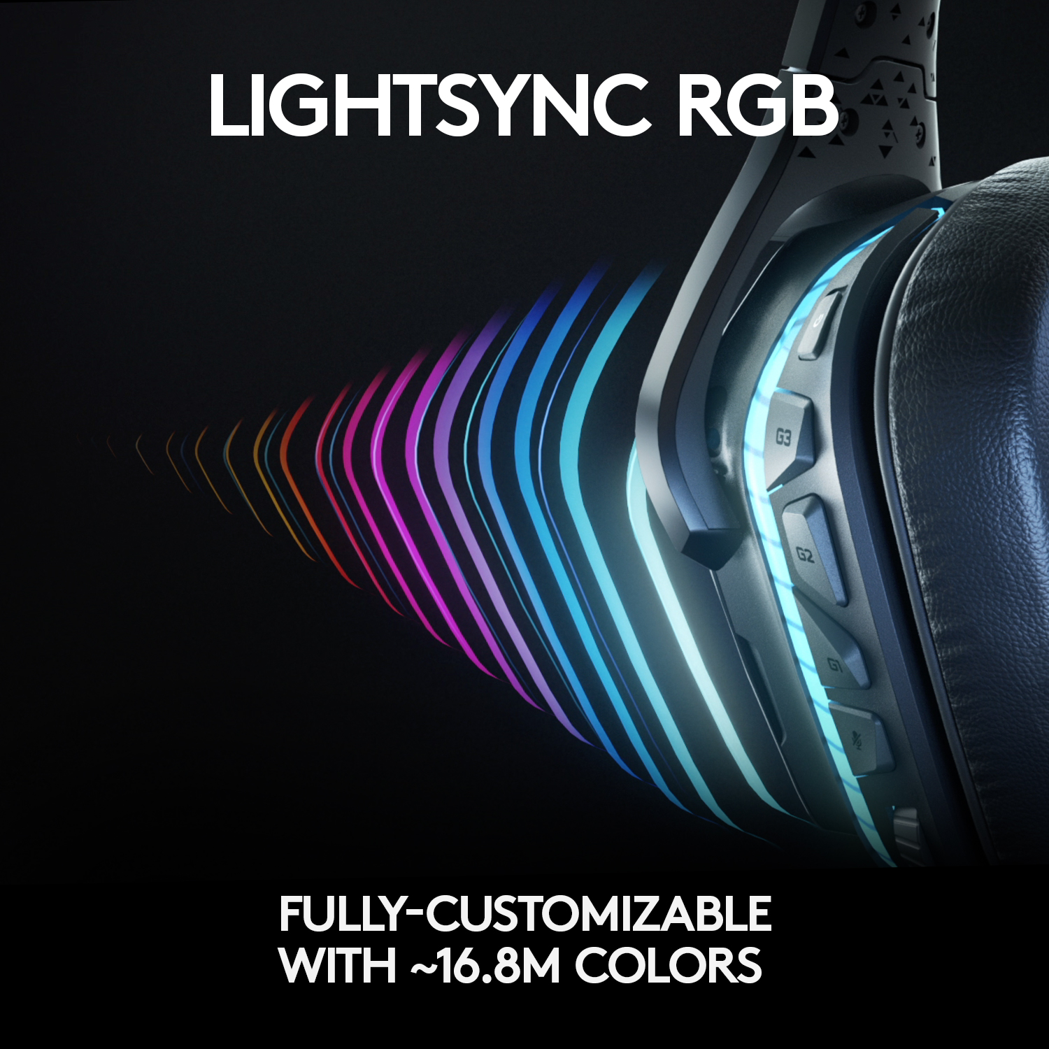 Casque avec des lumières colorées émanant des côtés, avec le texte LIGHTSYNC RGB.