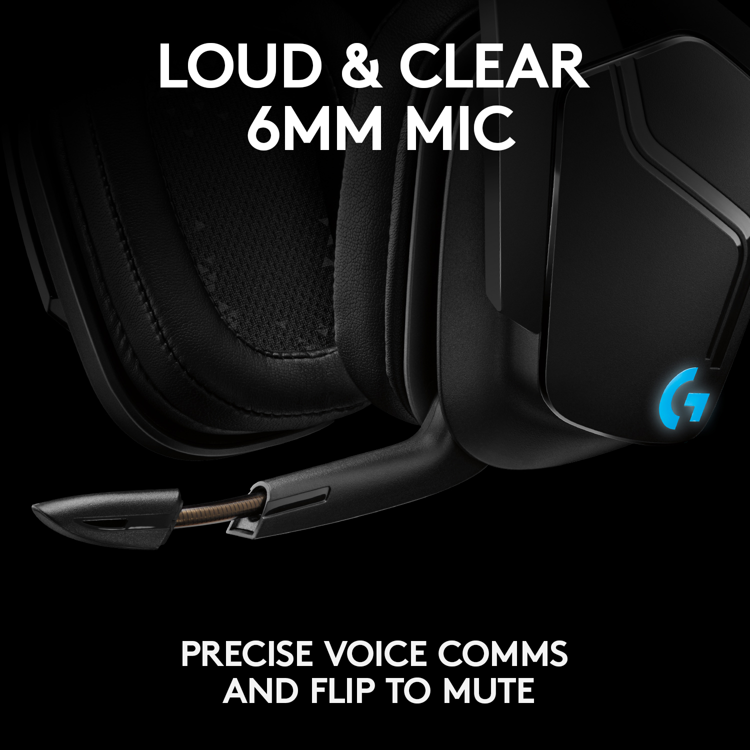 Casque noir avec microphone. Superposition de texte : Loud & Clear 6MM Mic, Precise Voice Comms.