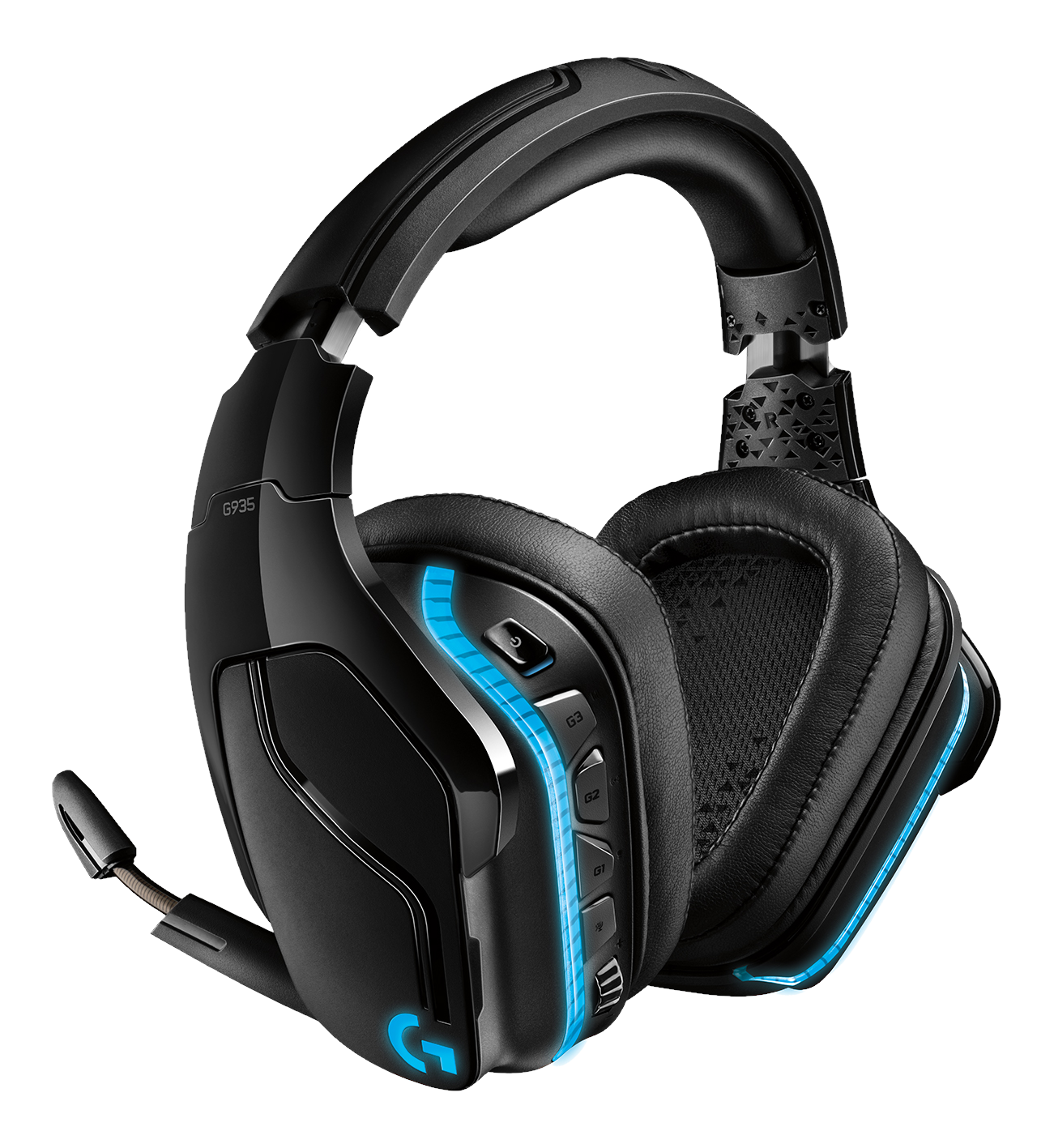 Casque gaming noir avec lumières bleues, micro et oreillettes sur fond noir.