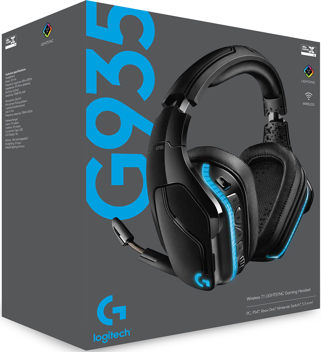 Boîte de casque de jeu Logitech G935 noire et bleue avec le casque affiché.