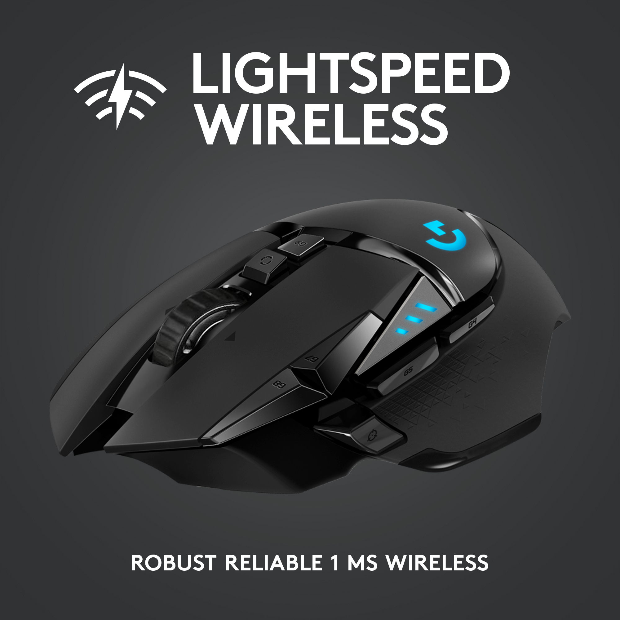 Eine schwarze kabellose Gaming-Maus mit blauen Lichtern und Text über drahtlose Technologie.