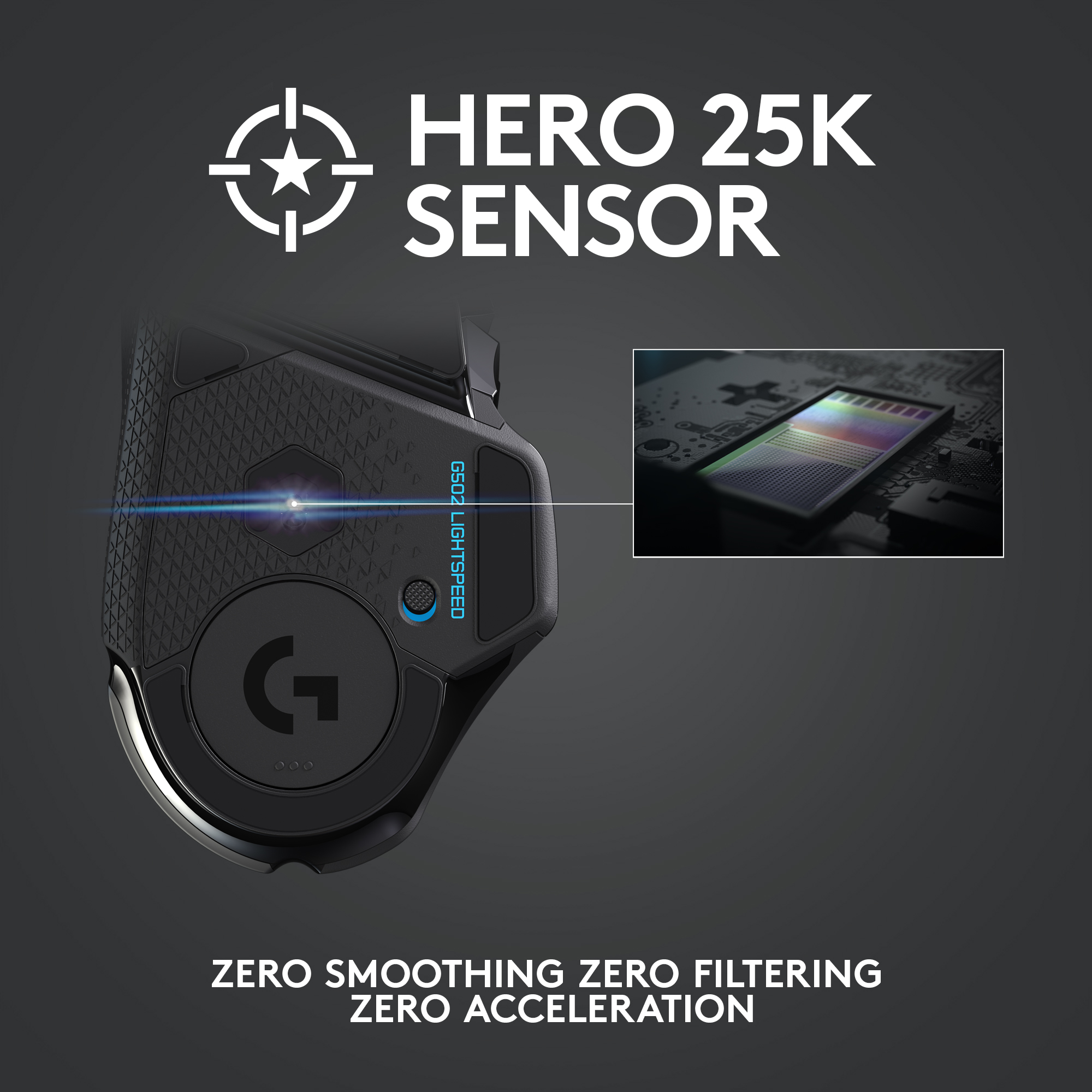 Gaming-Maus mit Text: Hero 25K Sensor. Nahaufnahme eines kleinen Bildschirms wird gezeigt.
