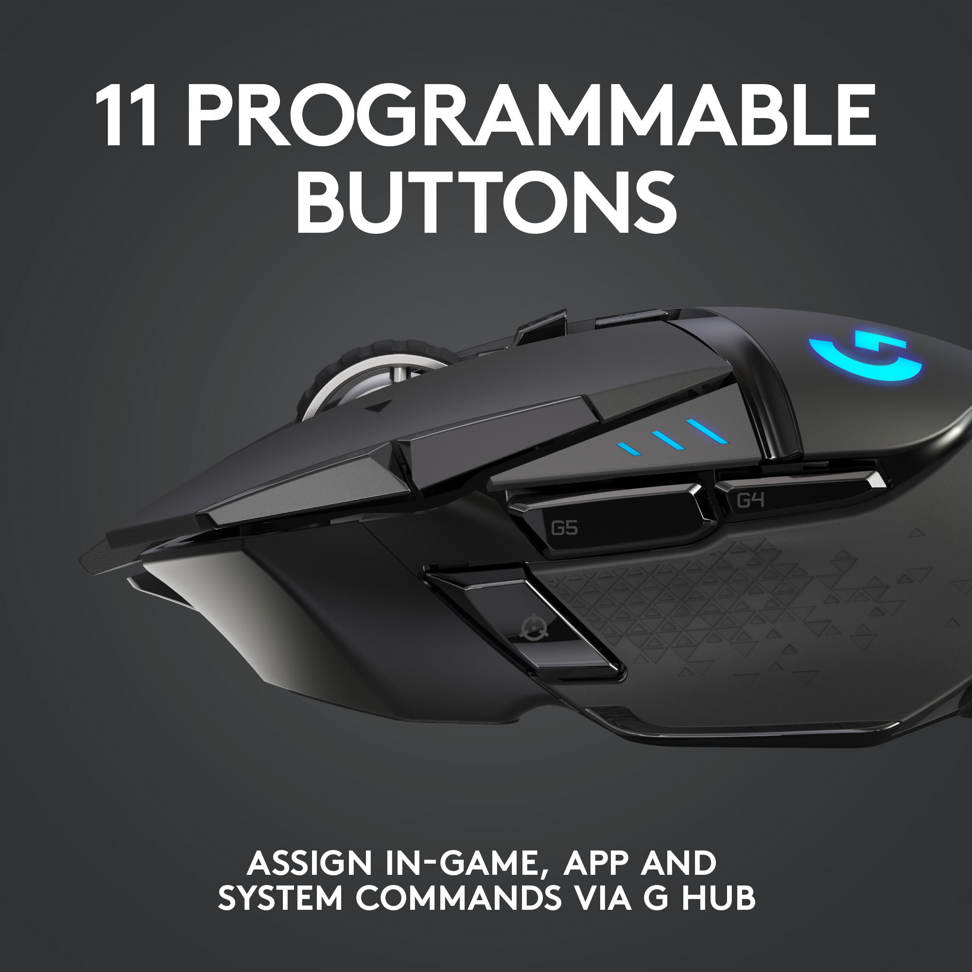 Schwarze Gaming-Maus mit 11 programmierbaren Tasten. Text: 11 programmierbare Tasten.
