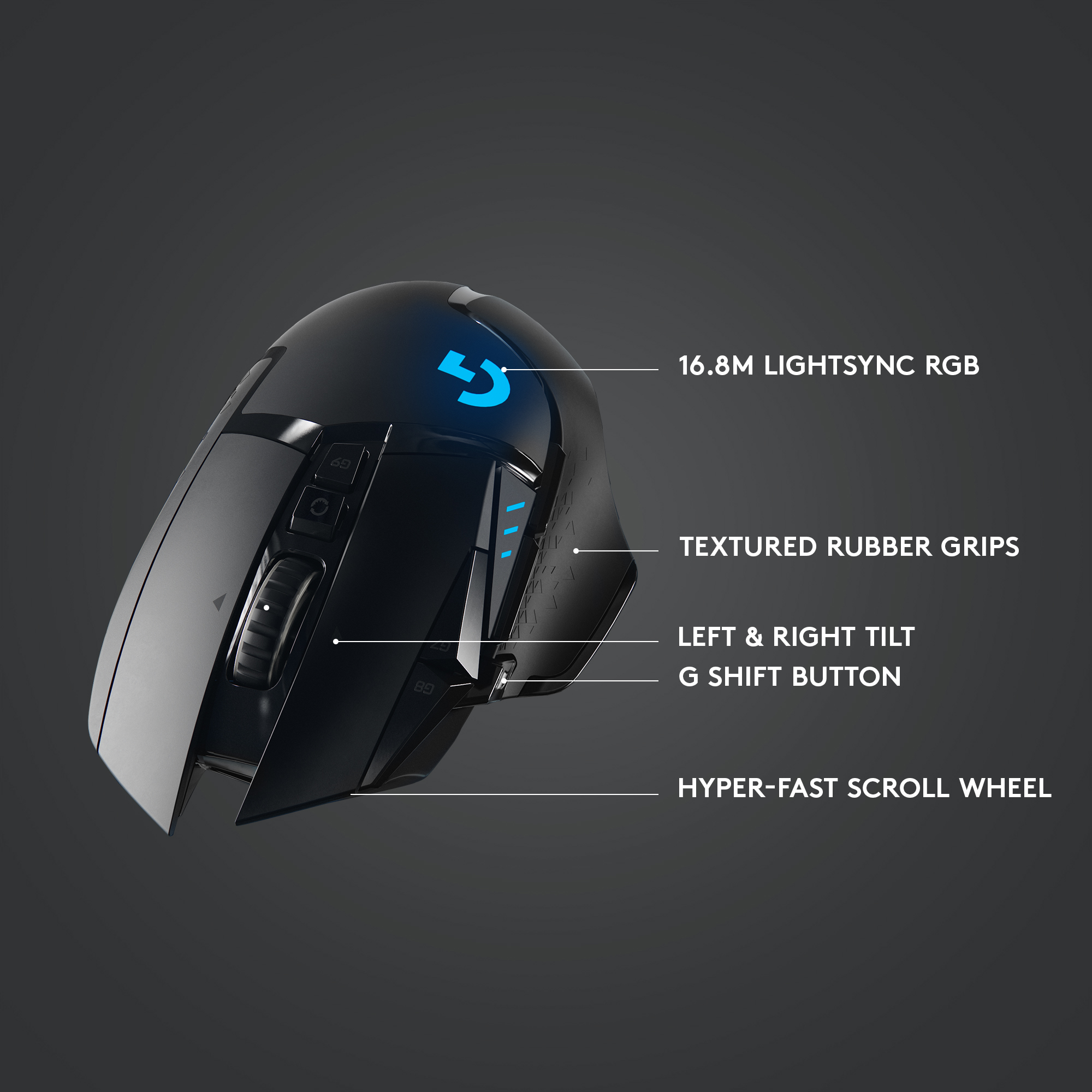 Schwarze Gaming-Maus mit Beschriftungen wie 16,8M LIGHTSYNC RGB und Hyper-Fast Scroll Wheel.